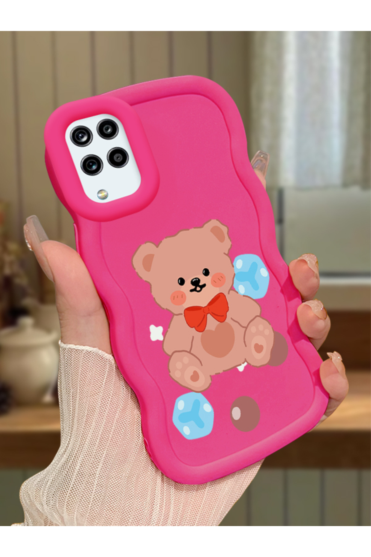 Samsung Galaxy M12 Compatible Case camera protector Red Silicone Couple Phone Case Bear Pattern