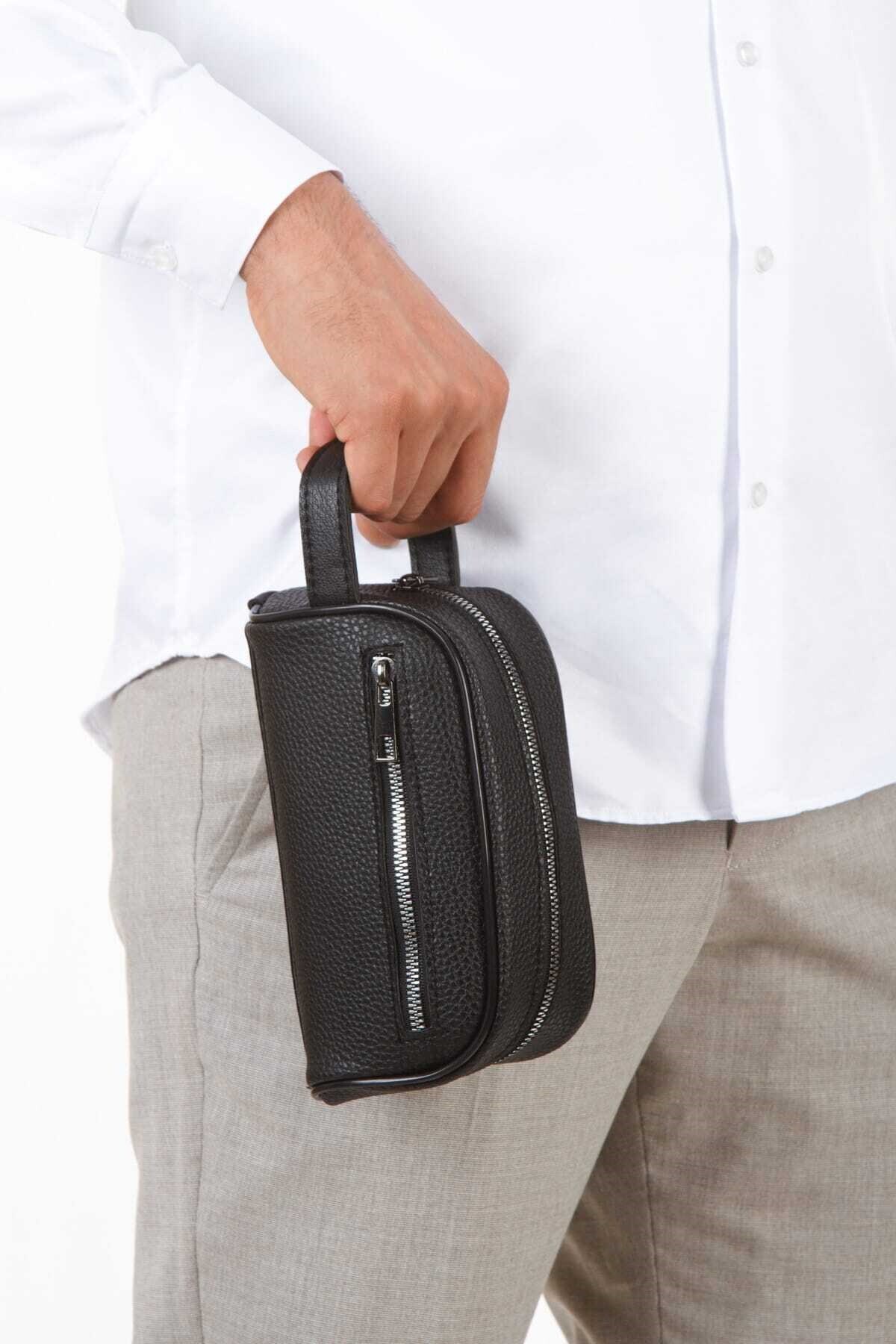 VIATOX NP- 2213 Mini Erkek Vegan Deri Portföy Clutch Traş Kozmetik Bakım ve Günlük El Çantası SİYAH
