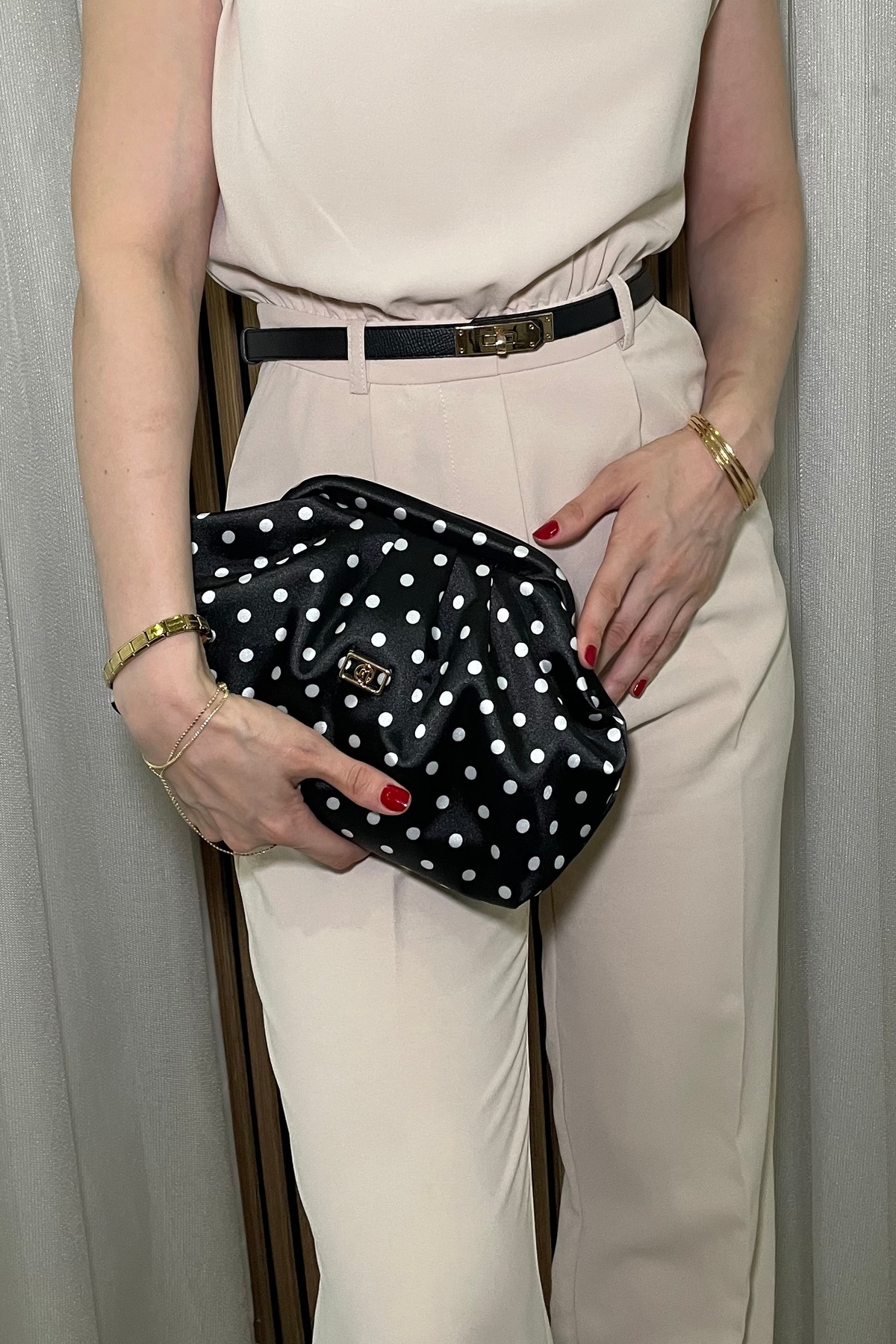 Fibag Kadın Siyah Saten, Beyaz Puantiyeli Clutch Çanta - Uzun Askılı El Ve Omuz Çantası görsel 3