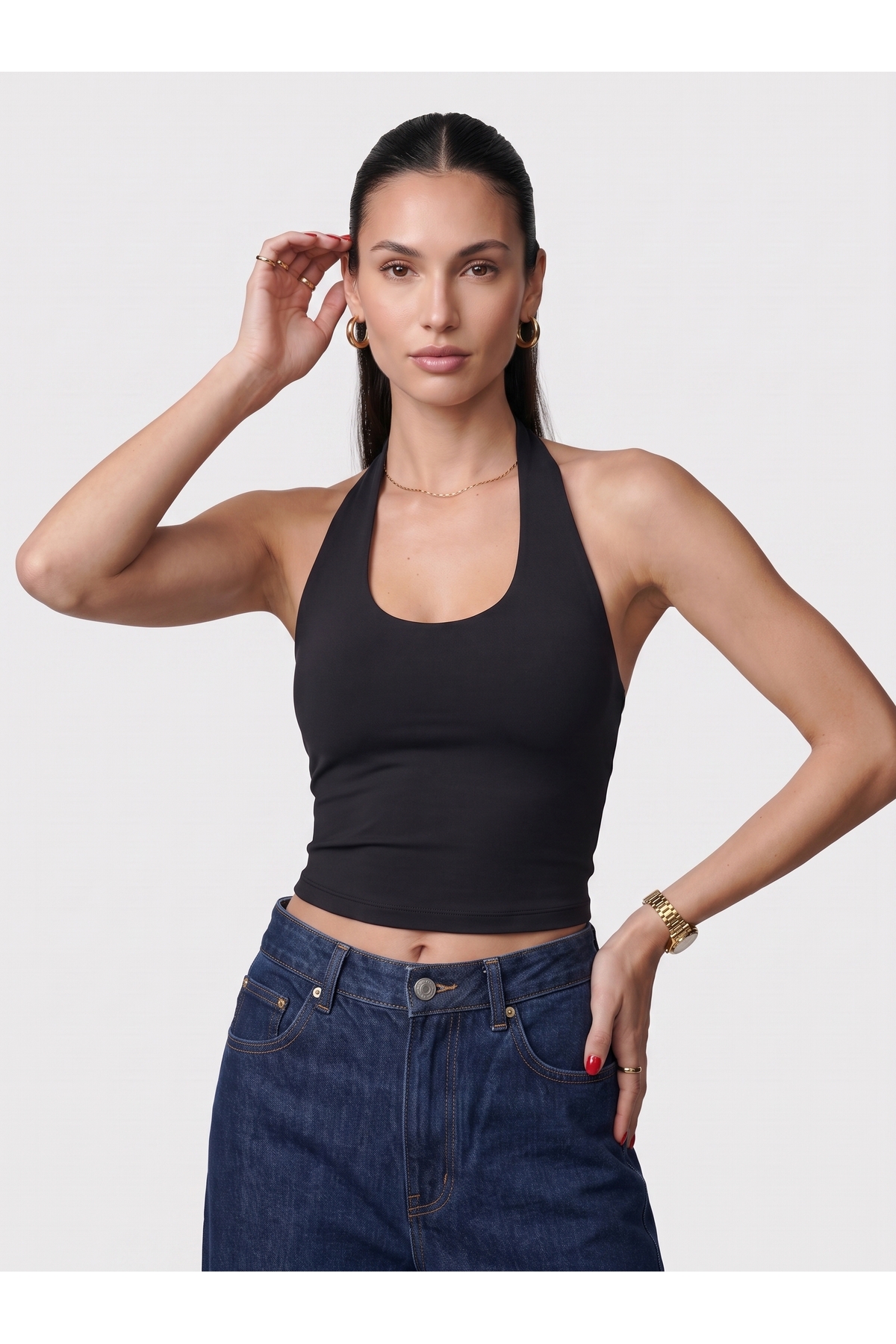 Kadın Halter Yaka Dar Kalıp Sırt Dekolteli Slim Fit Basic Body - Siyah 2