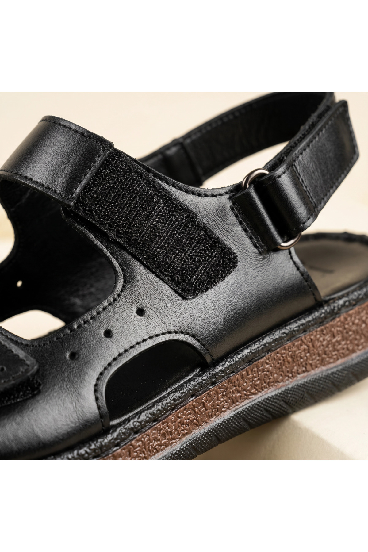 Fame Step Hakiki Deri Unisex Ortopedik Sandalet Siyah Yumuşak Taban Cırtlı Comfort Yazlık Günlük Terlik görsel 6