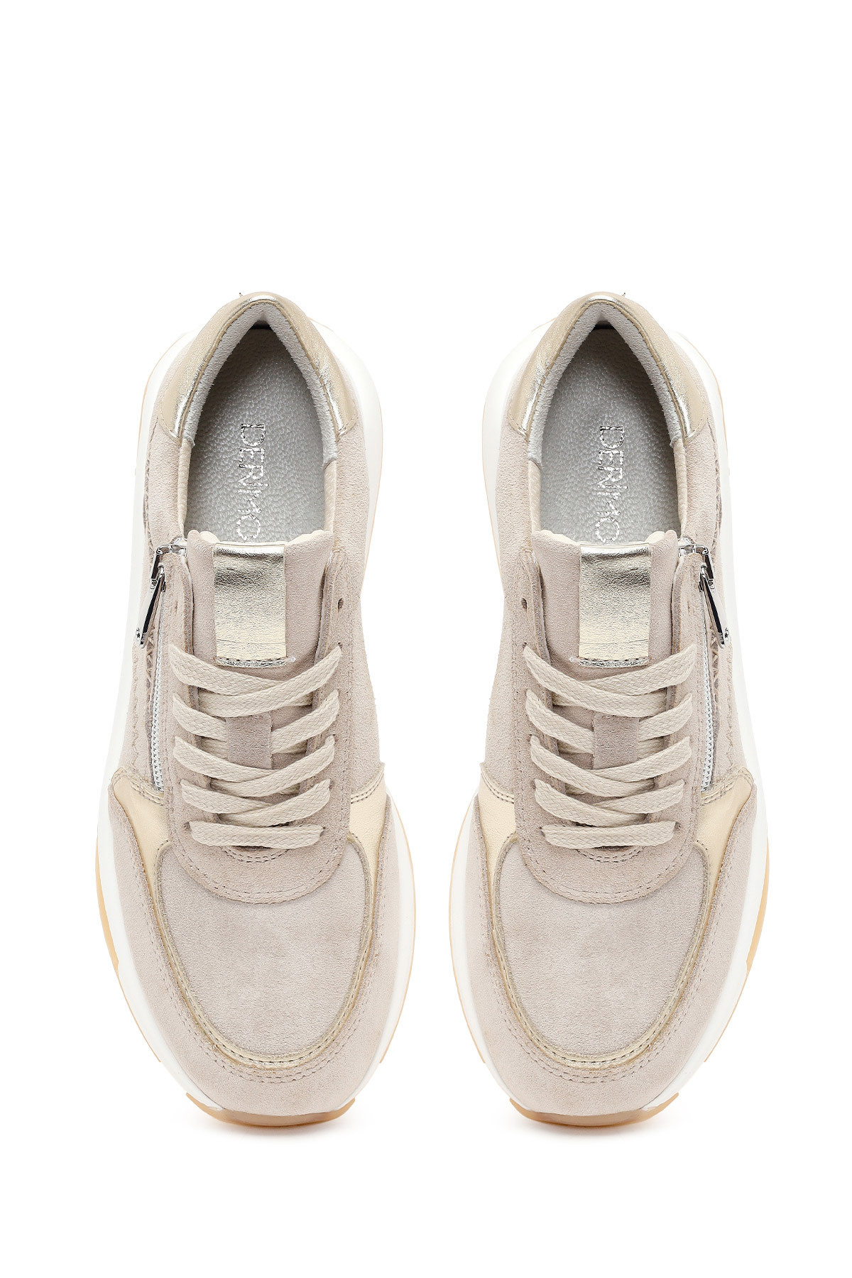 Derimod Kadın Bej Bağcıklı Kalın Tabanlı Süet Deri Sneaker 26SFD371810 görsel 4