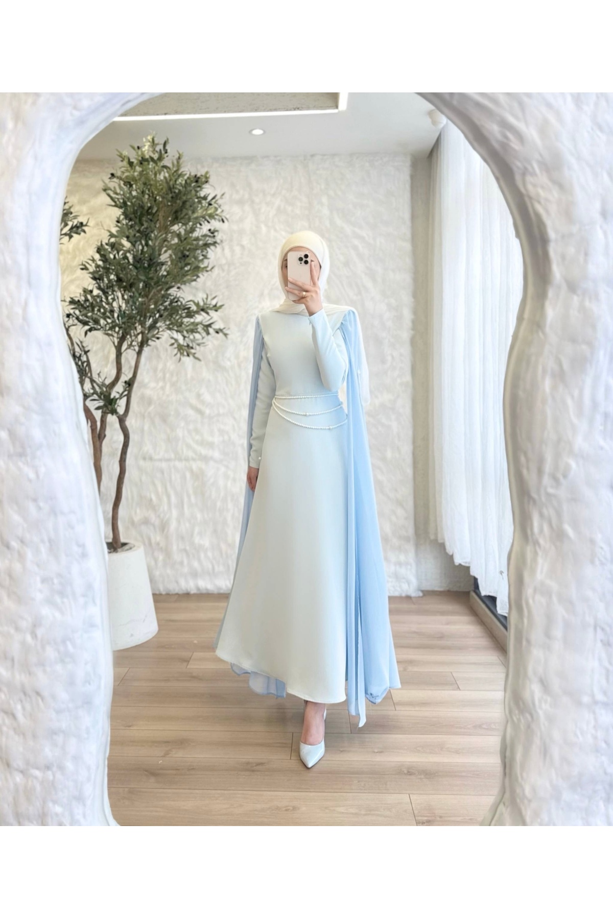 BELLASTORE Women's Baby Blue Cape Detailed Pearl Belted Dress