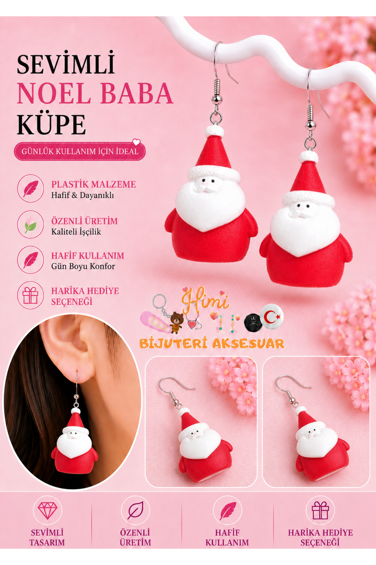 Neşeli Sevimli Noel Baba Figürlü Sallantılı Küpe Hafif Tasarım Günlük Kullanım Bijuteri Çocuk Küpesi