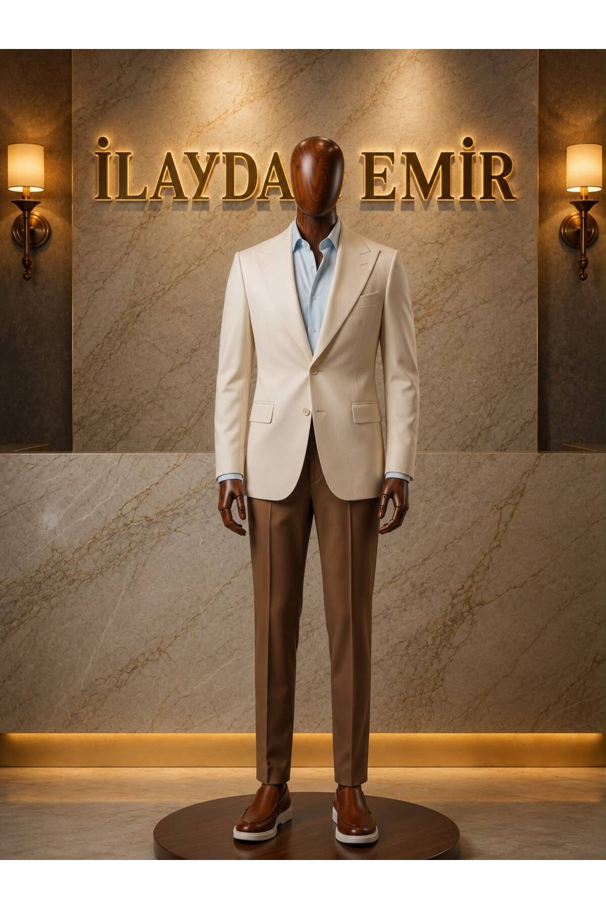 ilayda emir Men's Premium Combination | Slim Fit Cream Blazer Jacket, Light Blue Shirt and Brown Fabric Trousers | Business Casual & Smart Casual Style