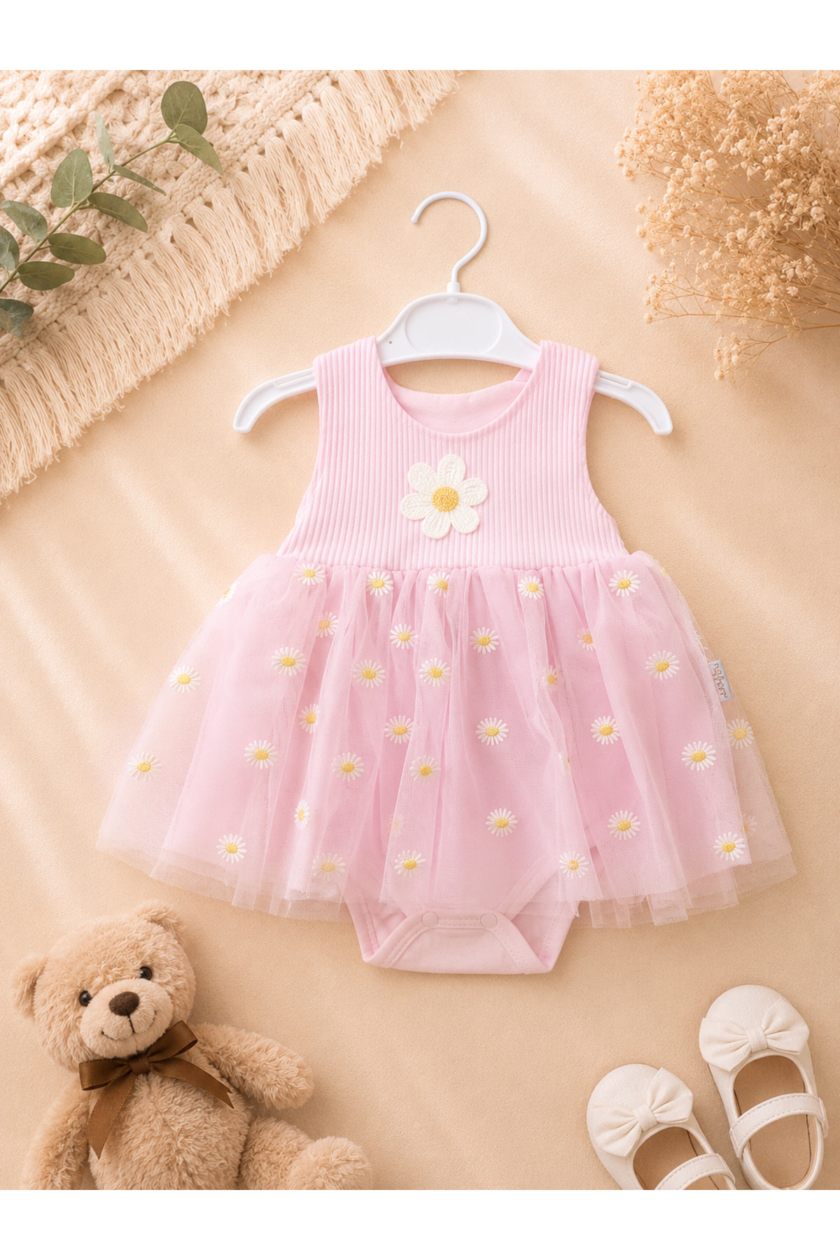 Kız Bebek Papatya Desenli Tüllü Body Elbise – Şık Tütü Elbise Görünümlü Çıtçıtlı Bebek Body