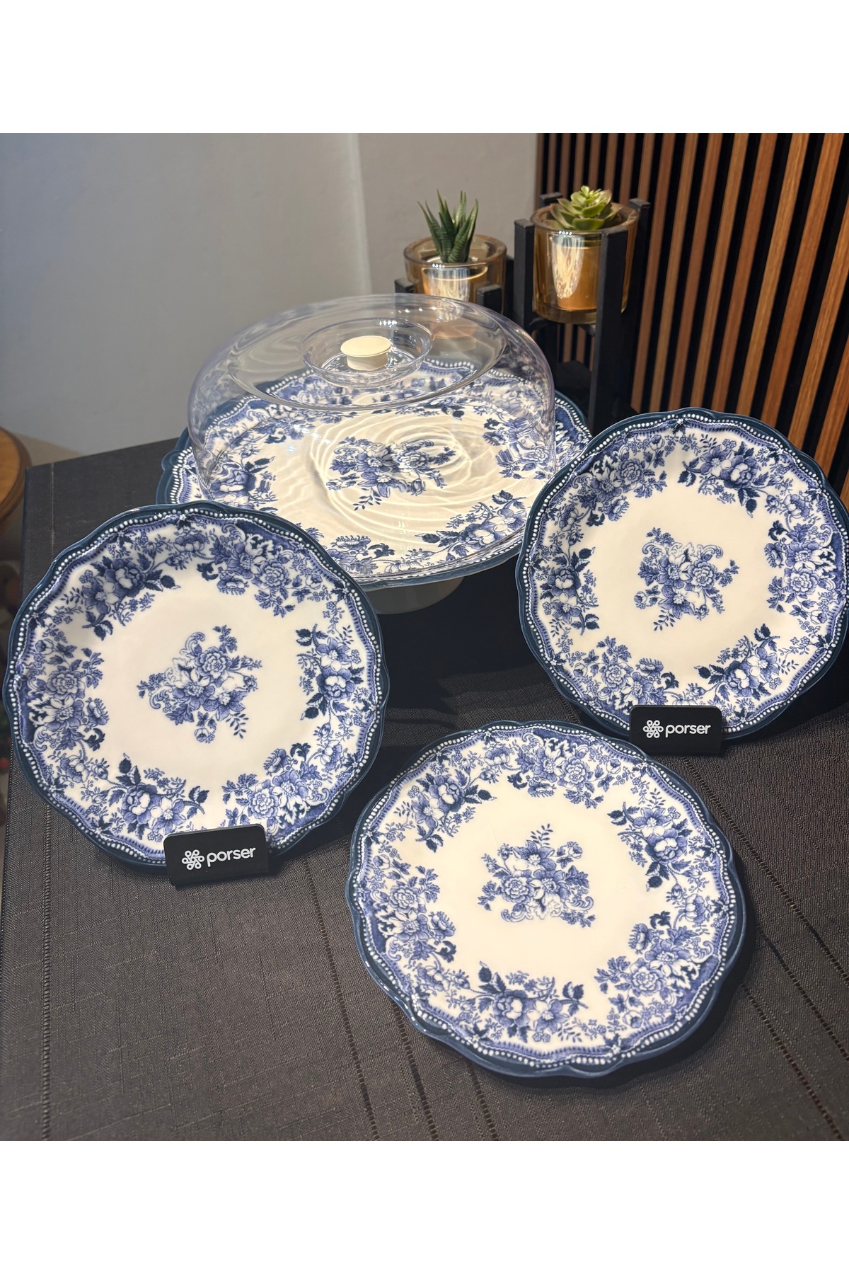NuBuTu Porser Velour Navy Fulya Footed Presentation Set 8 Piece Porcelain Cake Set for 6 People
