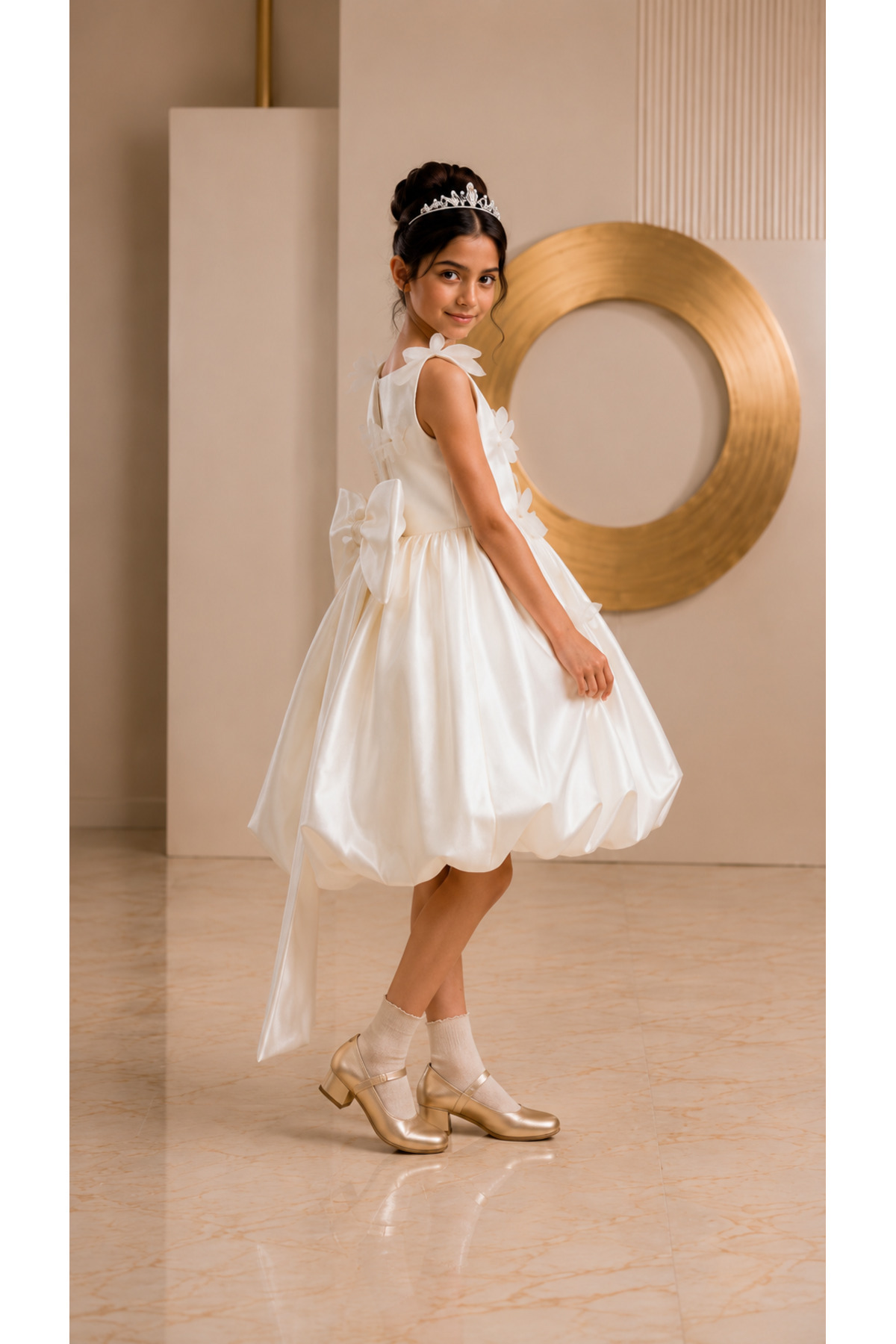 Girl's Off-White Floral Appliqué Bubble Hem Party Dress with Large Back Bow (Girl's Party Dress from "Butterfly Fashion" in Cream White with a Puffy Skirt and Large Back Bow)