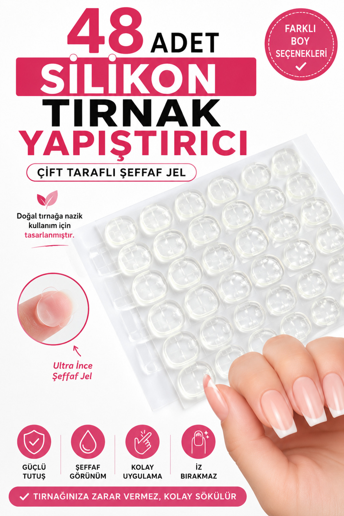 FESTİLO 48 Adet Silikon Tırnak Yapıştırıcı Çift Taraflı Şeffaf Jel Takma Tırnak Bandı