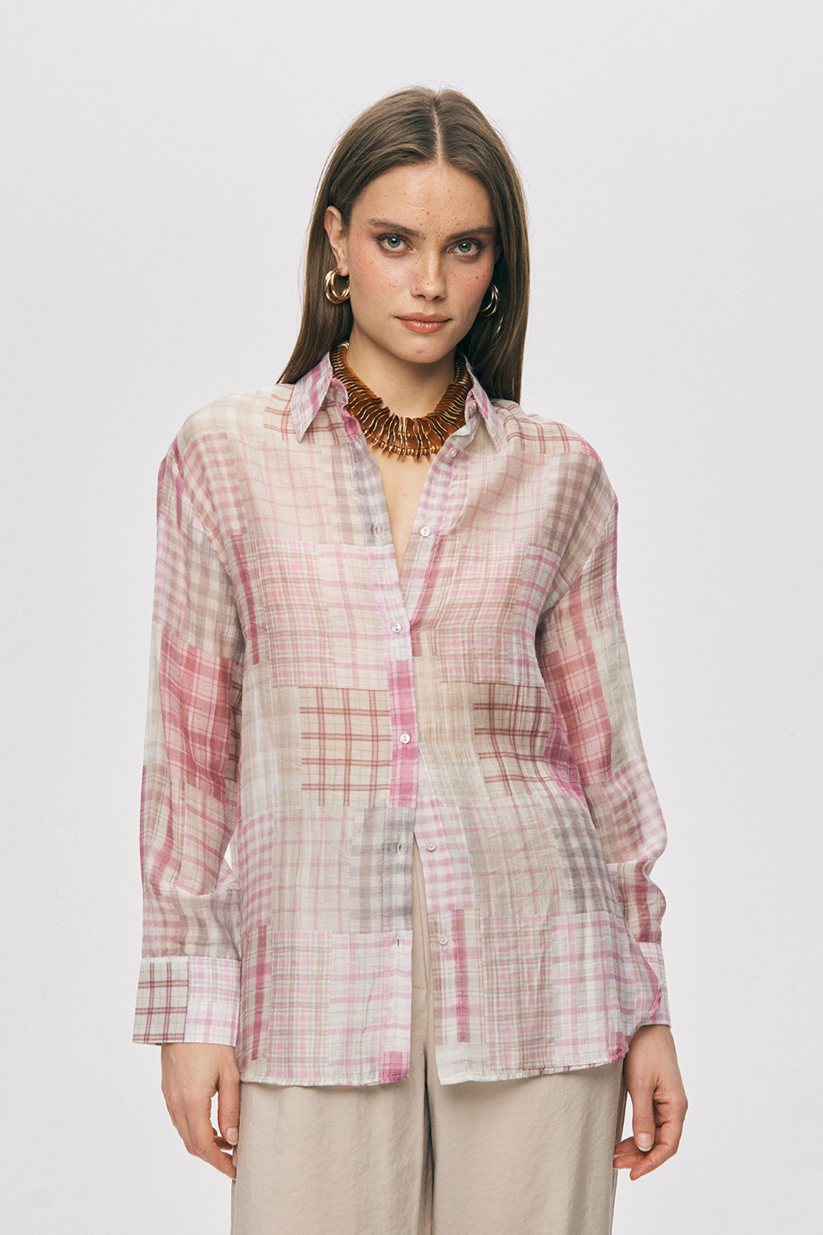 Orfeo Negro Women's Abstract Patterned Classic Collar Transparent Flowy Shirt