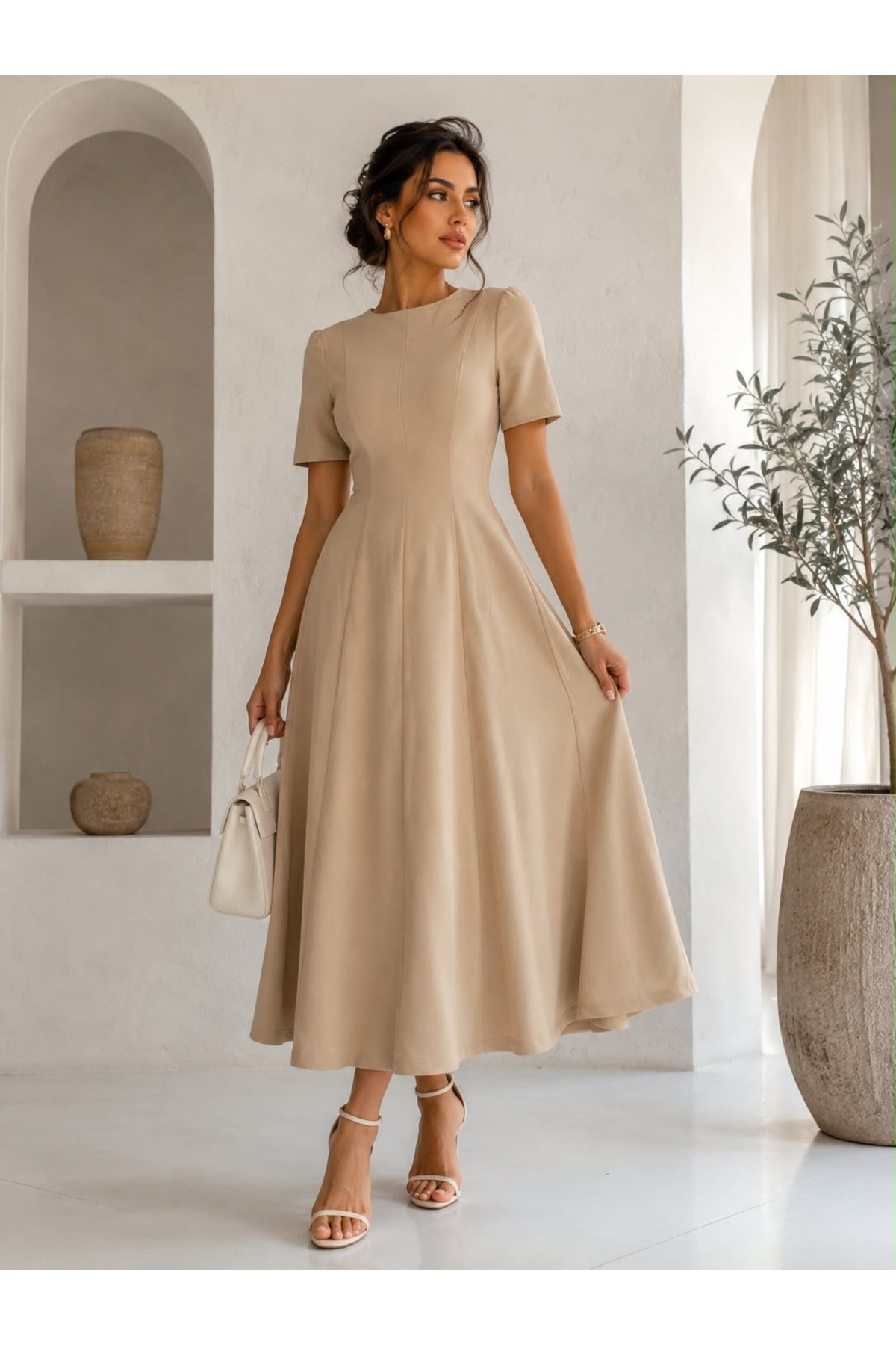 Generic Brands Crepe Fabric Crew Neck Short Sleeve Midi Length Flared Dress - Beige