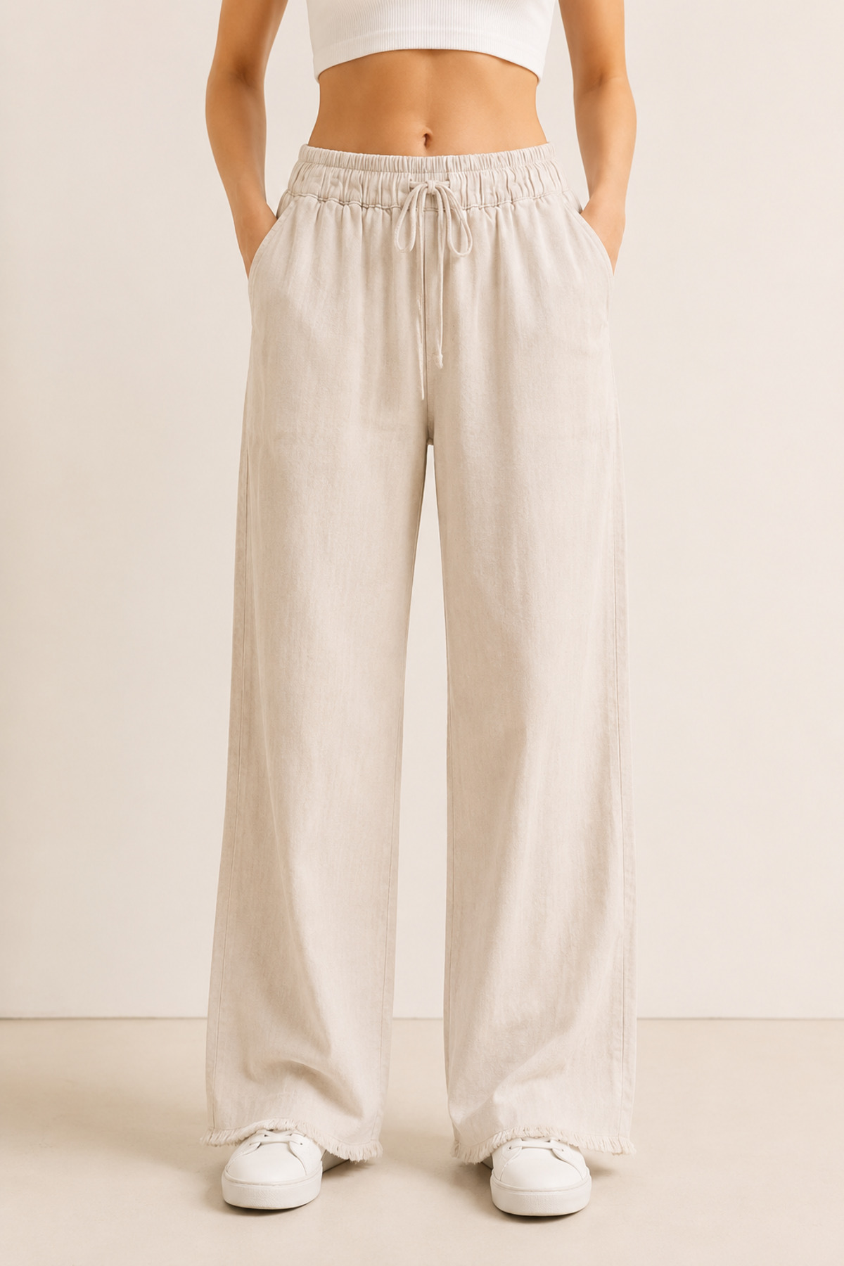 Lighter Jeans Women's Beige Linen Wide-Legged Trousers with Elastic Waist, Lace-Up, Pockets, No Show Stitching, Comfortable Cut, Summer Style