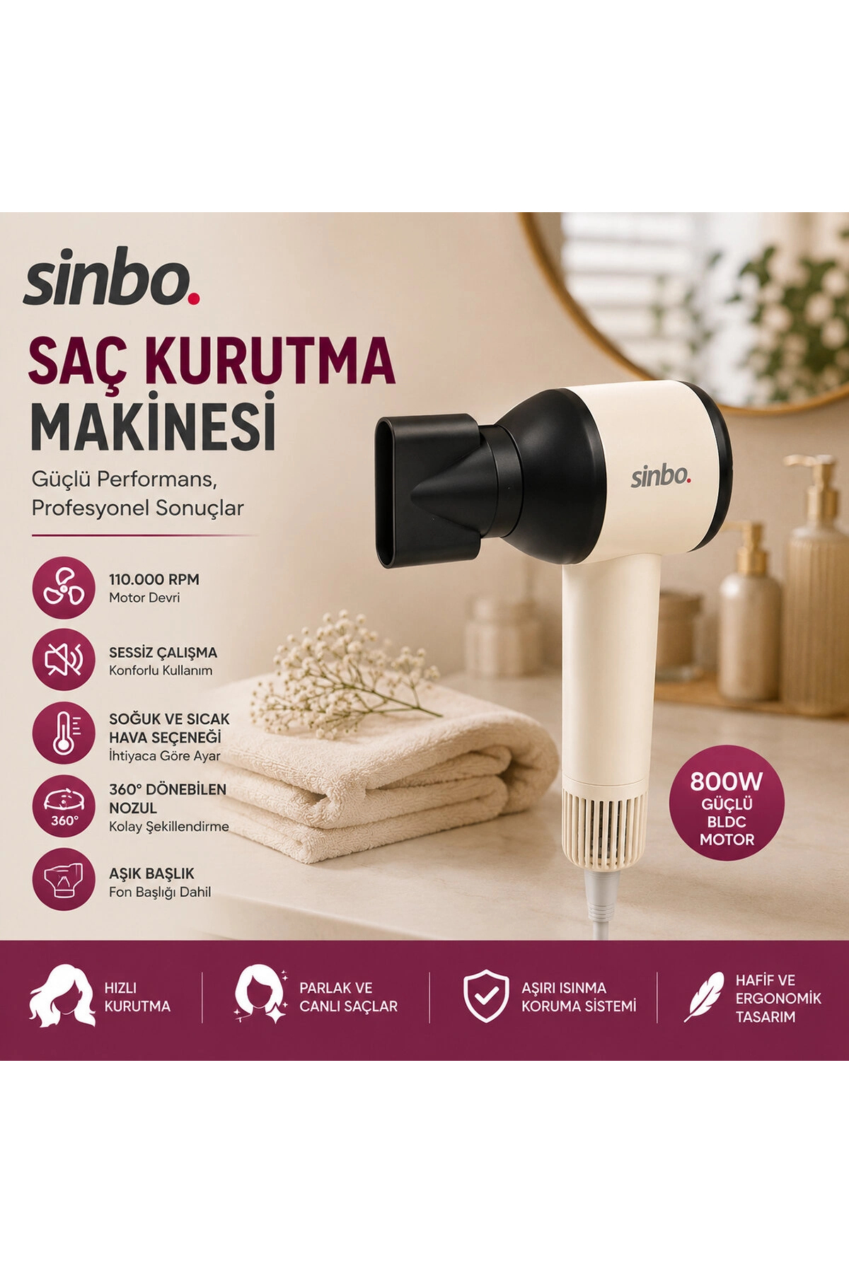Livenda Sinbo Saç Kurutma Makinesi - Pembe Renk - 3 Kademeli Hız ve Sıcaklık — P13155S6611