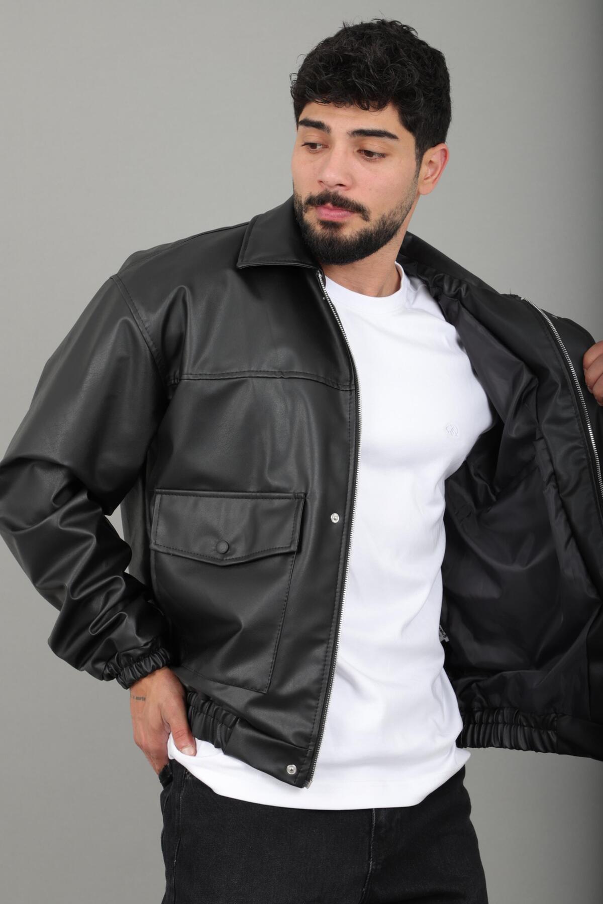 کاپشن چرم مصنوعی سایز بزرگ با جیب‌های وصله‌دار و کمر کشی Bl 1940_50508 — رنگارنگ — تصویر 6 از 7
