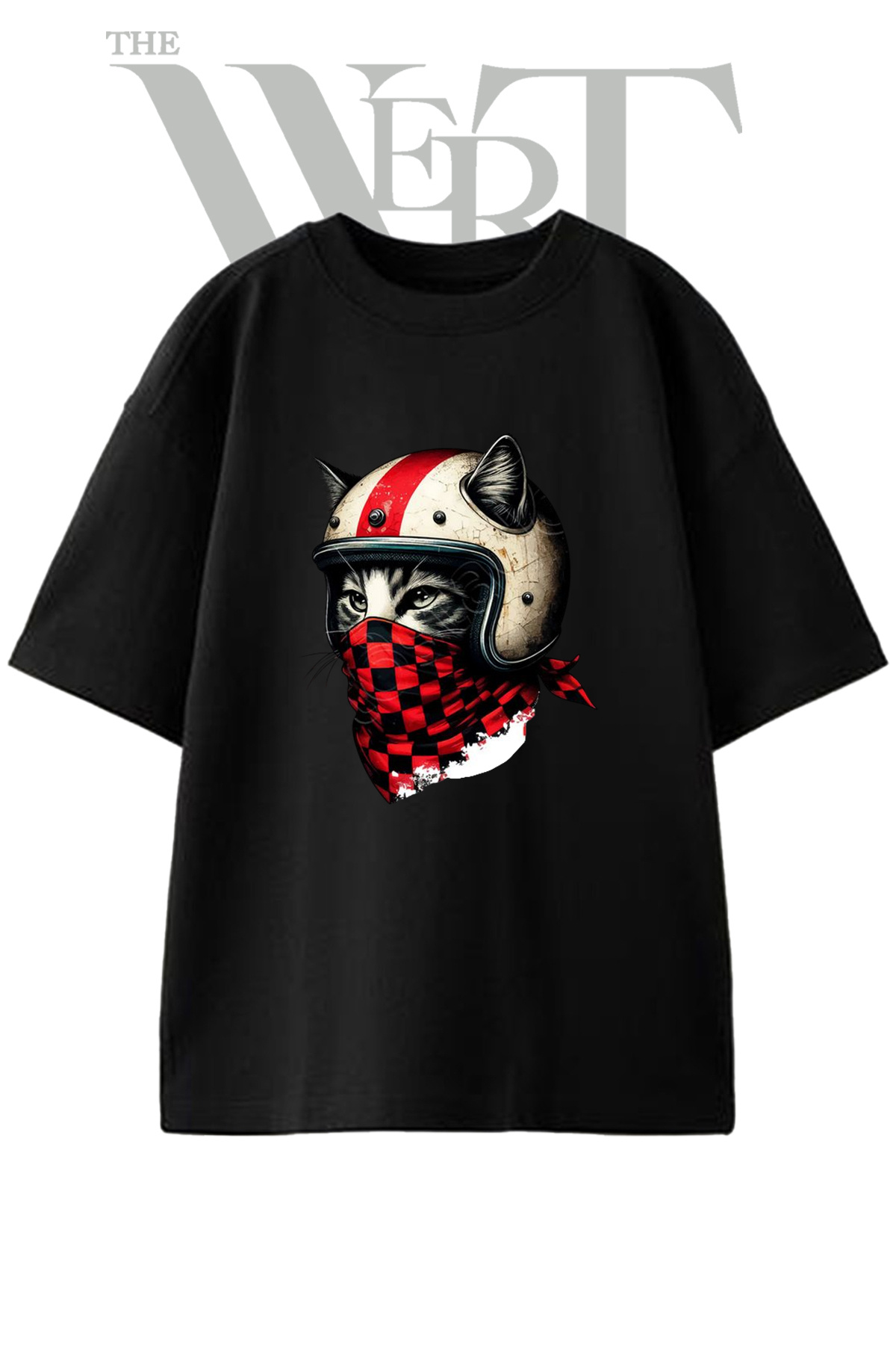 THEWERT Cat Biker Design Printed Unisex Black Oversize T-Shirt