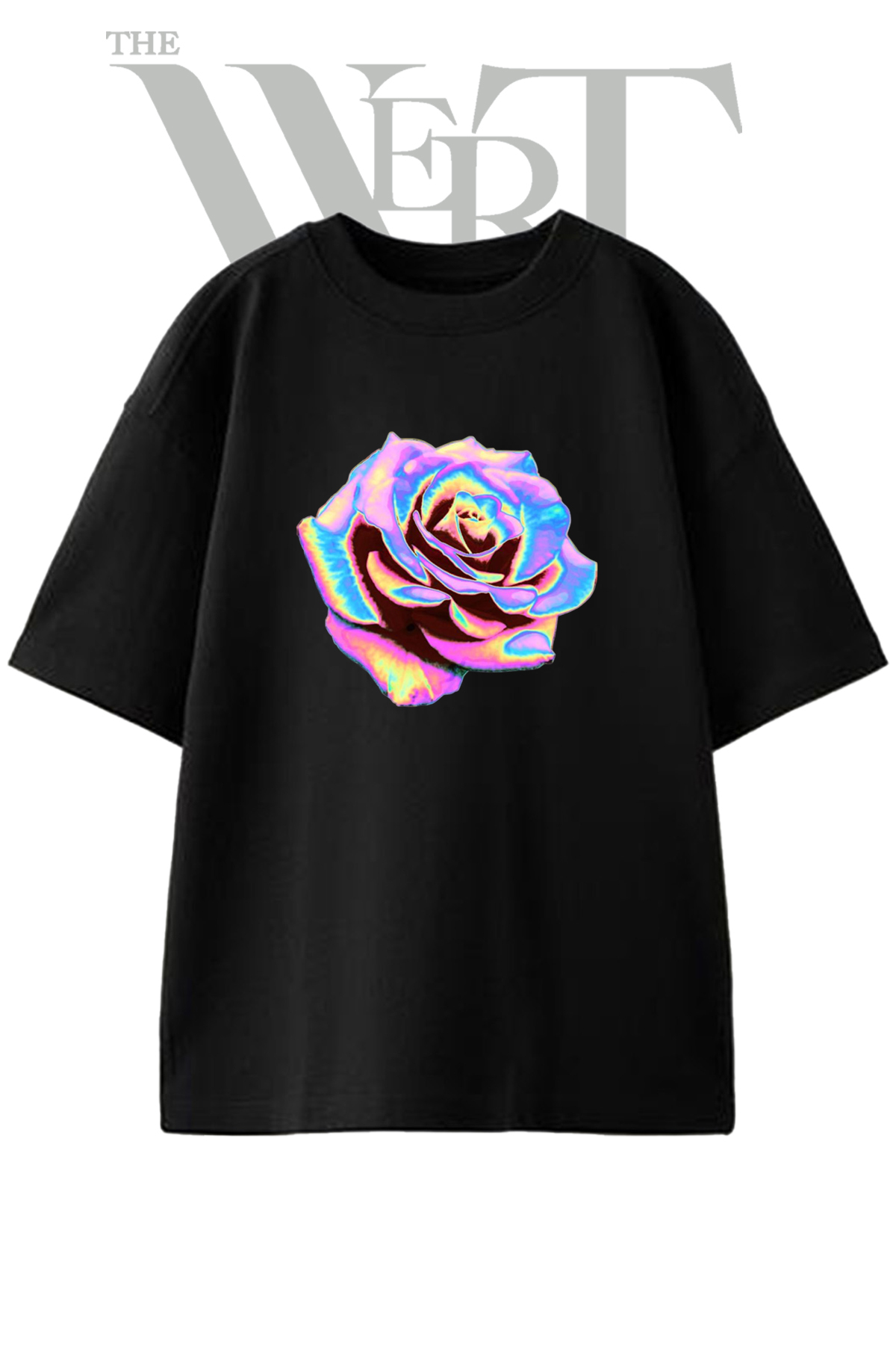 THEWERT Neon Rose Design Printed Unisex Black Oversize T-Shirt