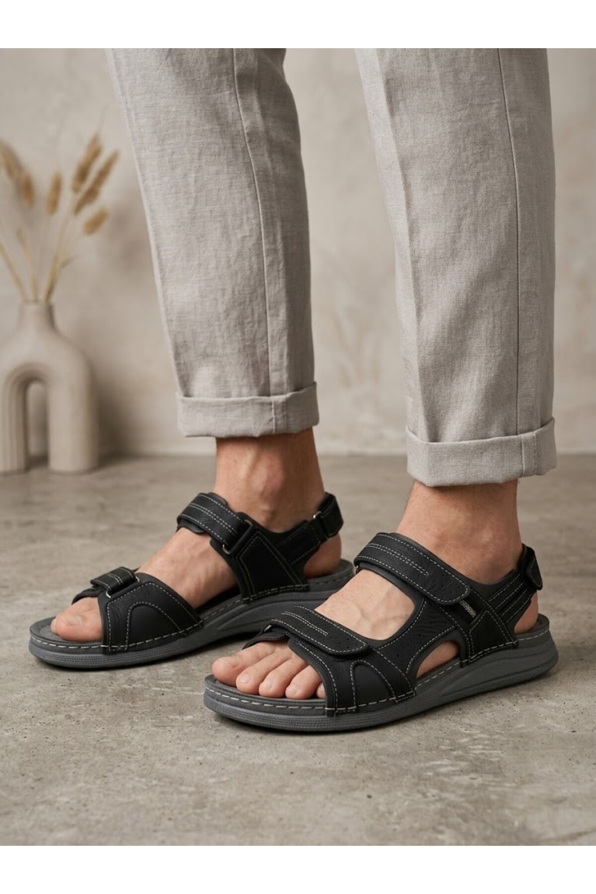 BENTO Titan Comfort Erkek Suni Deri Anatomik Taban Cırt Cırtlı Günlük Sandalet Terlik görsel 3
