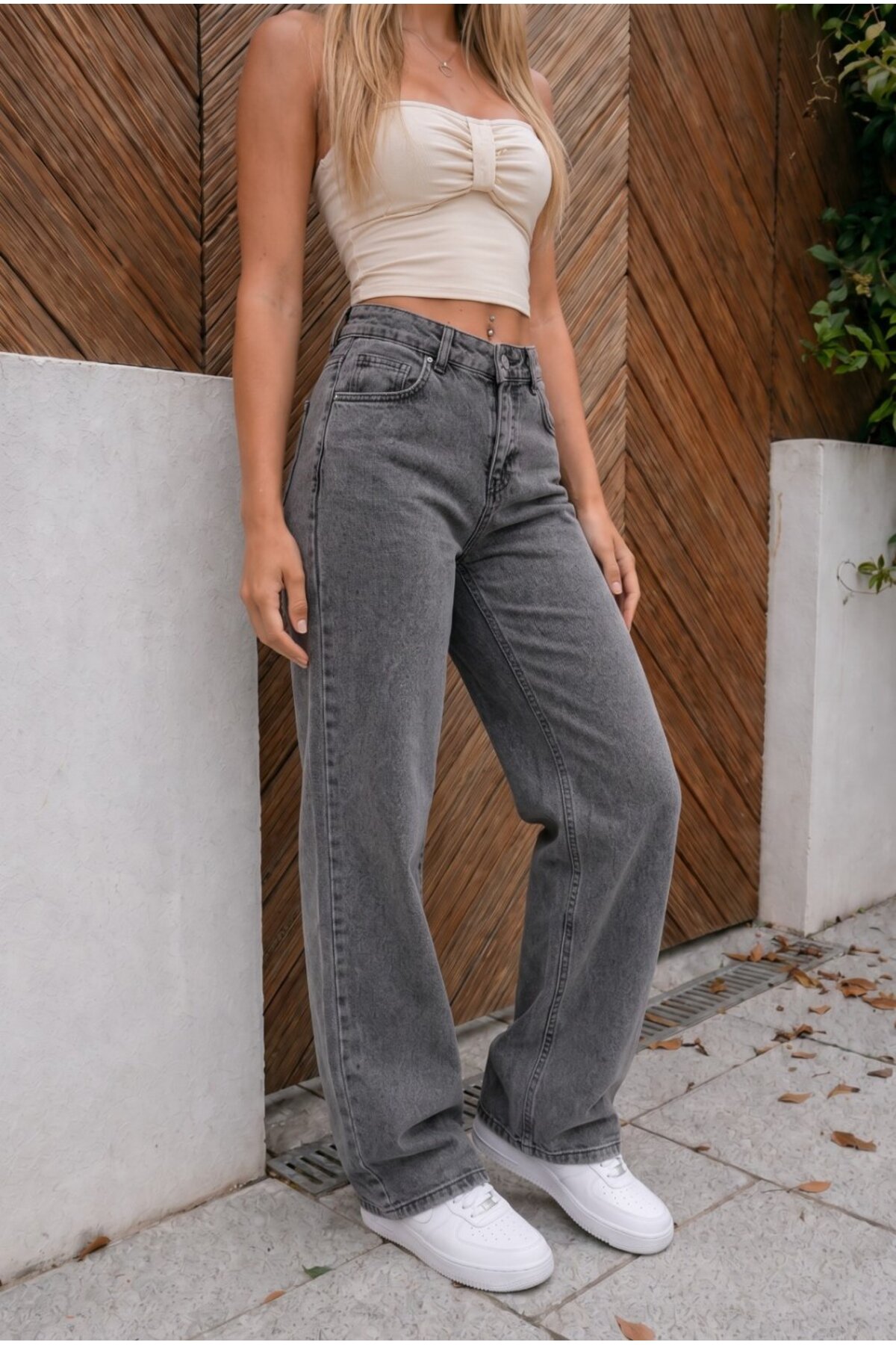 Yüksek Bel Wide Leg Salaş Esnek Palazzo Jean Füme 5
