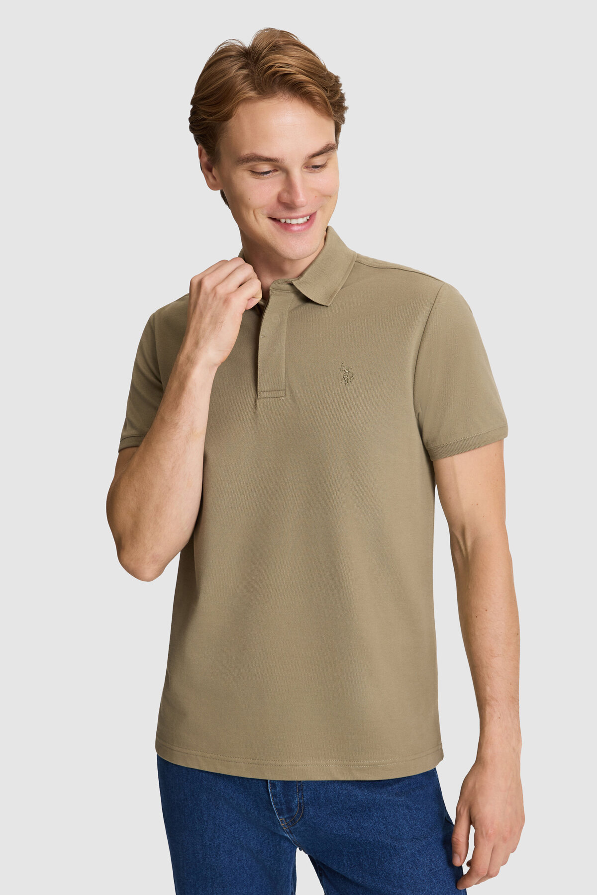 U.S. Polo Assn. Erkek Haki Slim Fit Polo Yaka Basic Tişört 50327003-VR027 görsel 3