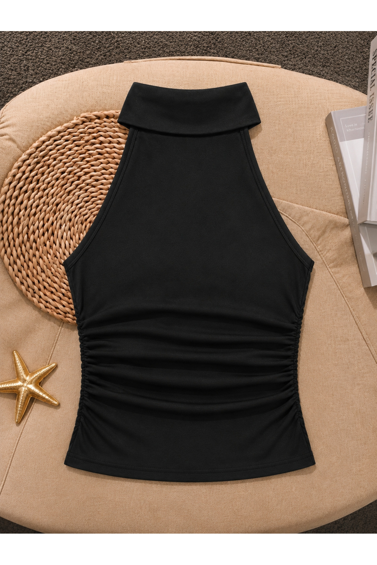 poswicon siyah Halter Yaka Büzgülü Drapeli Şık crop Bluz görsel 2