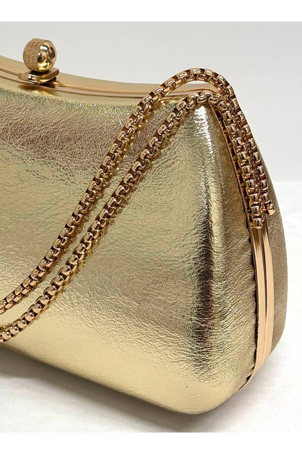 NAZART Kadın Cilt Altın Abiye Clutch Zincir Askılı El ve Omuz Düğün Nişan Gece Çantası görsel 2