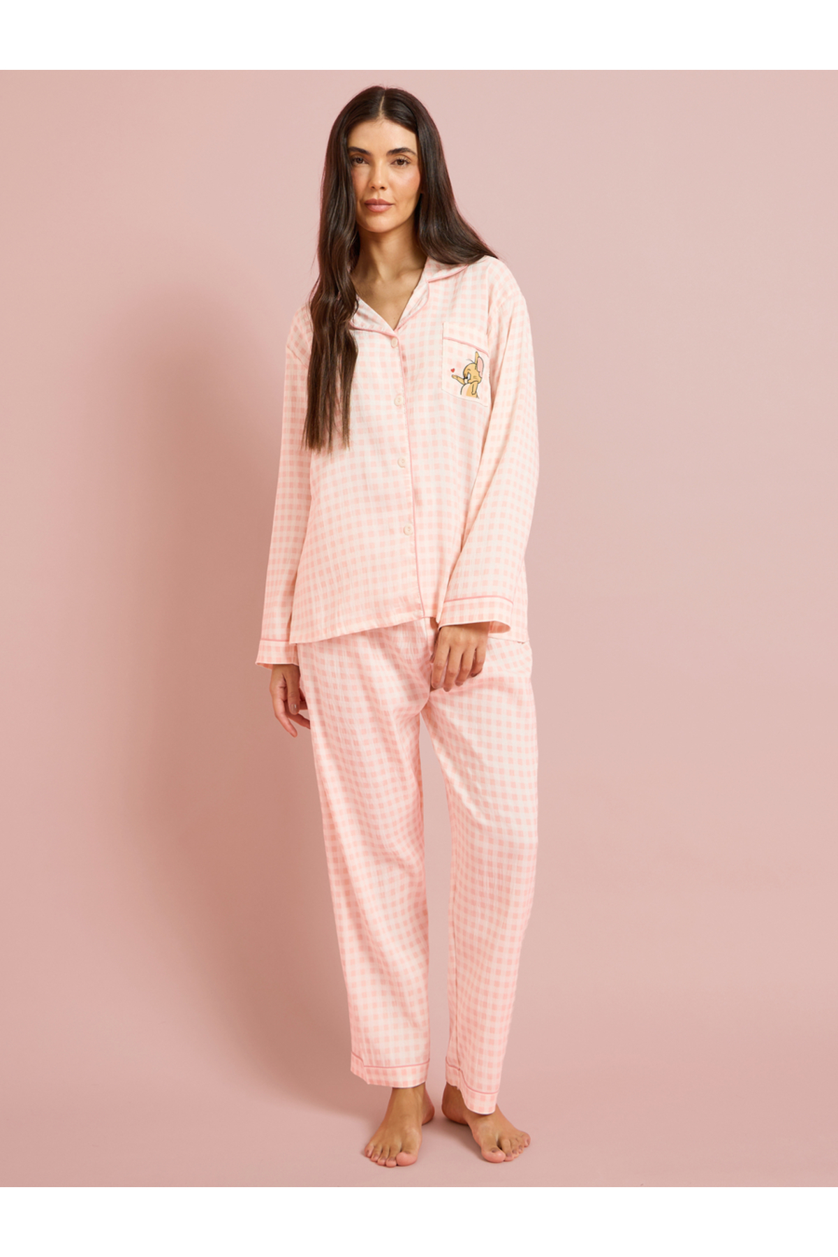 Styli Pink Checked Long Sleeves Shirt and Pants Pyjama Set