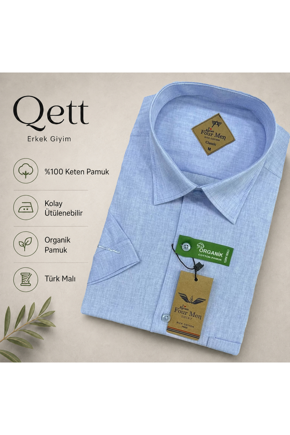 Qett Aycan Fourmen Kısa Kol Regular Kesim Düğmeli Yaka Pamuk Nefes Alabilen Keten Görünümlü Gömlek Büyük Beden görsel 2