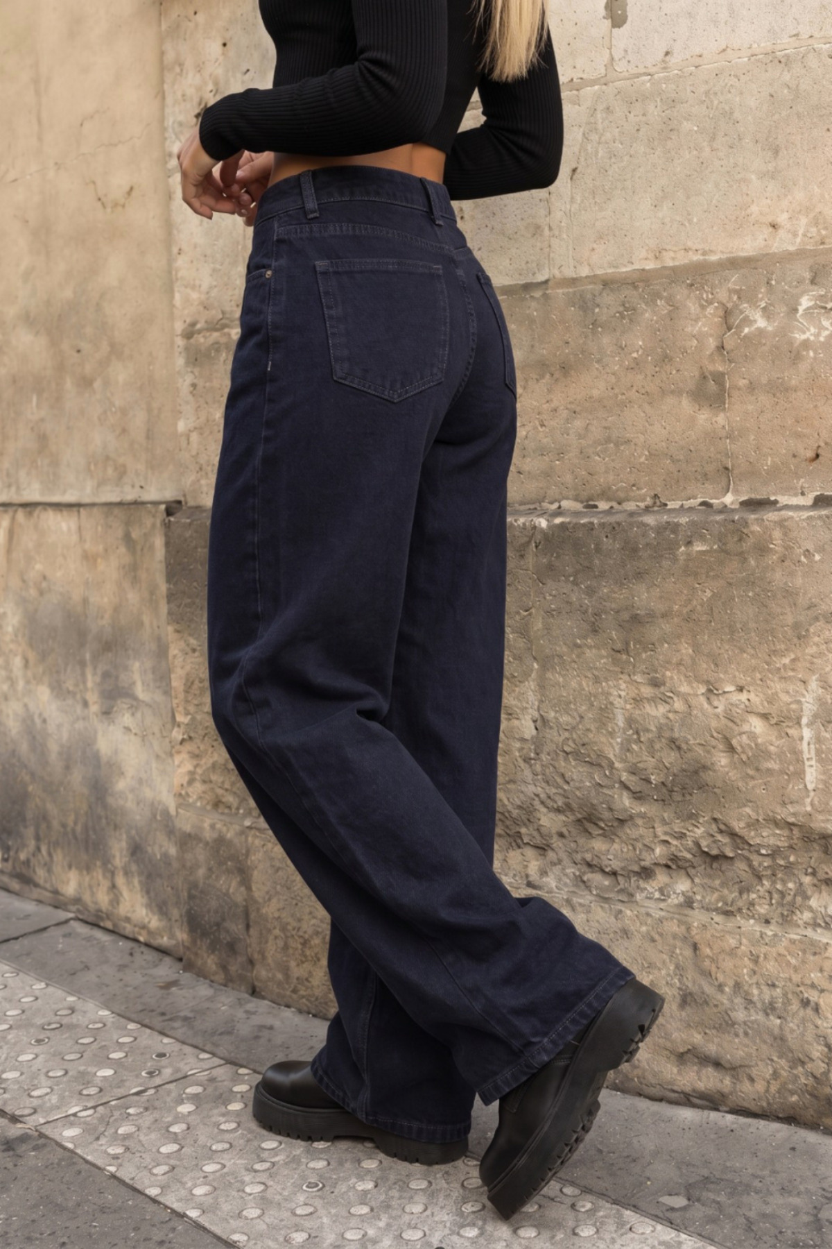 Koyu Lacivert Yüksek Bel Wide Leg Bol Paça Palazzo Kot Pantolon 3