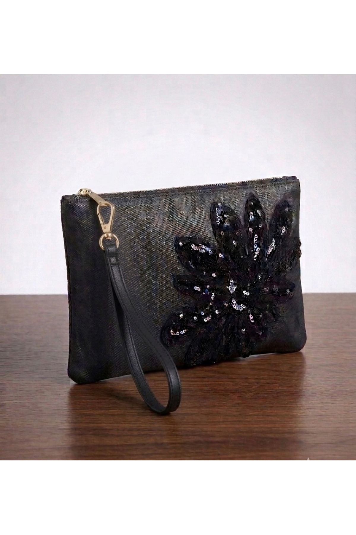 Ruche Atelier Antrasit Denim İşlemeli Clutch Çanta
