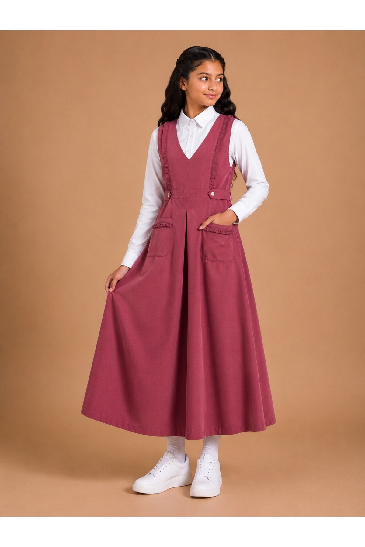 Girls' Primary School Uniform in Flesh Color – V Model with Ruffles and White Shirt