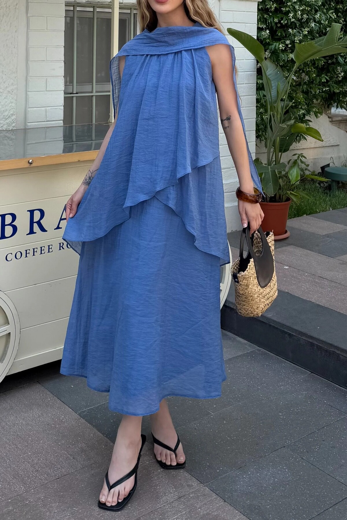 Suziş Indigo Blue Shawl-Detained Flying Dress Per3446