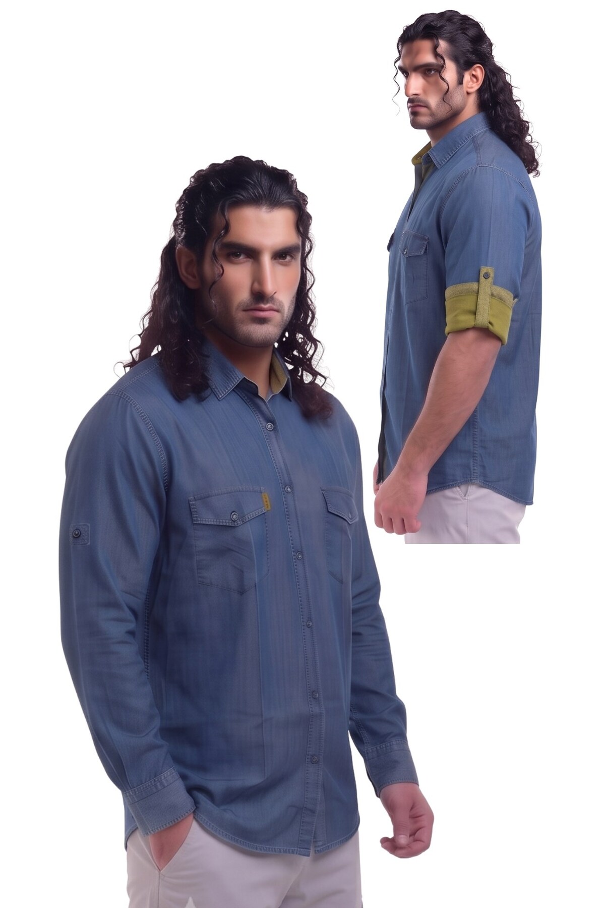 marufshop Erkek Büyük Beden 120-160 Kilo Arası İçin Uygun Katlanabilir Uzun Kol % 100 Pamuk Cepli Kot Gömlek İndigo görsel 4