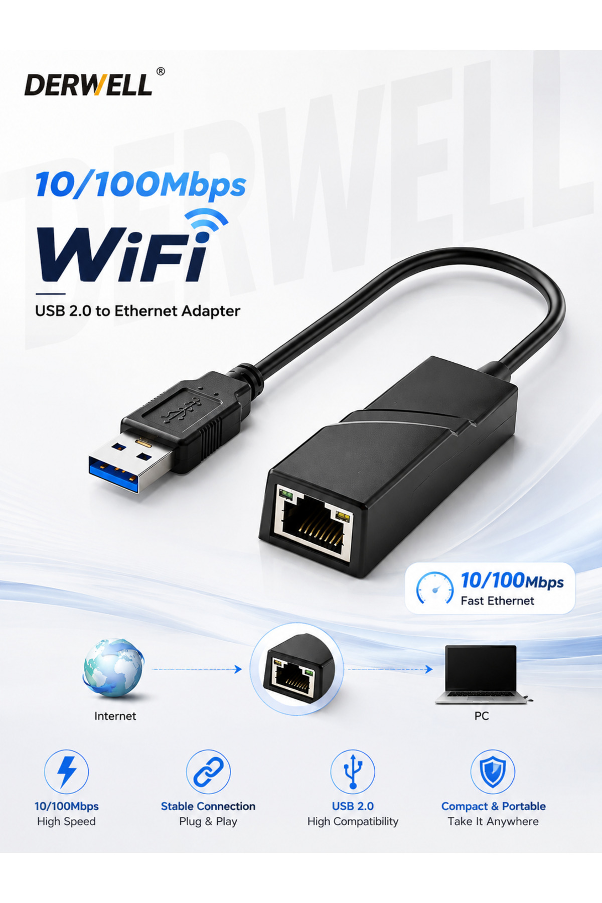 USB 2.0 to RJ45 Ethernet Dönüştürücü Adaptör - 10/100 Mbps Hızlı ve Stabil Kablolu İnternet Çevirici, Tak Çalıştır Taşınabilir Ağ Kartı, Windows Mac OS Linux Uyumlu İnternet Aparatı