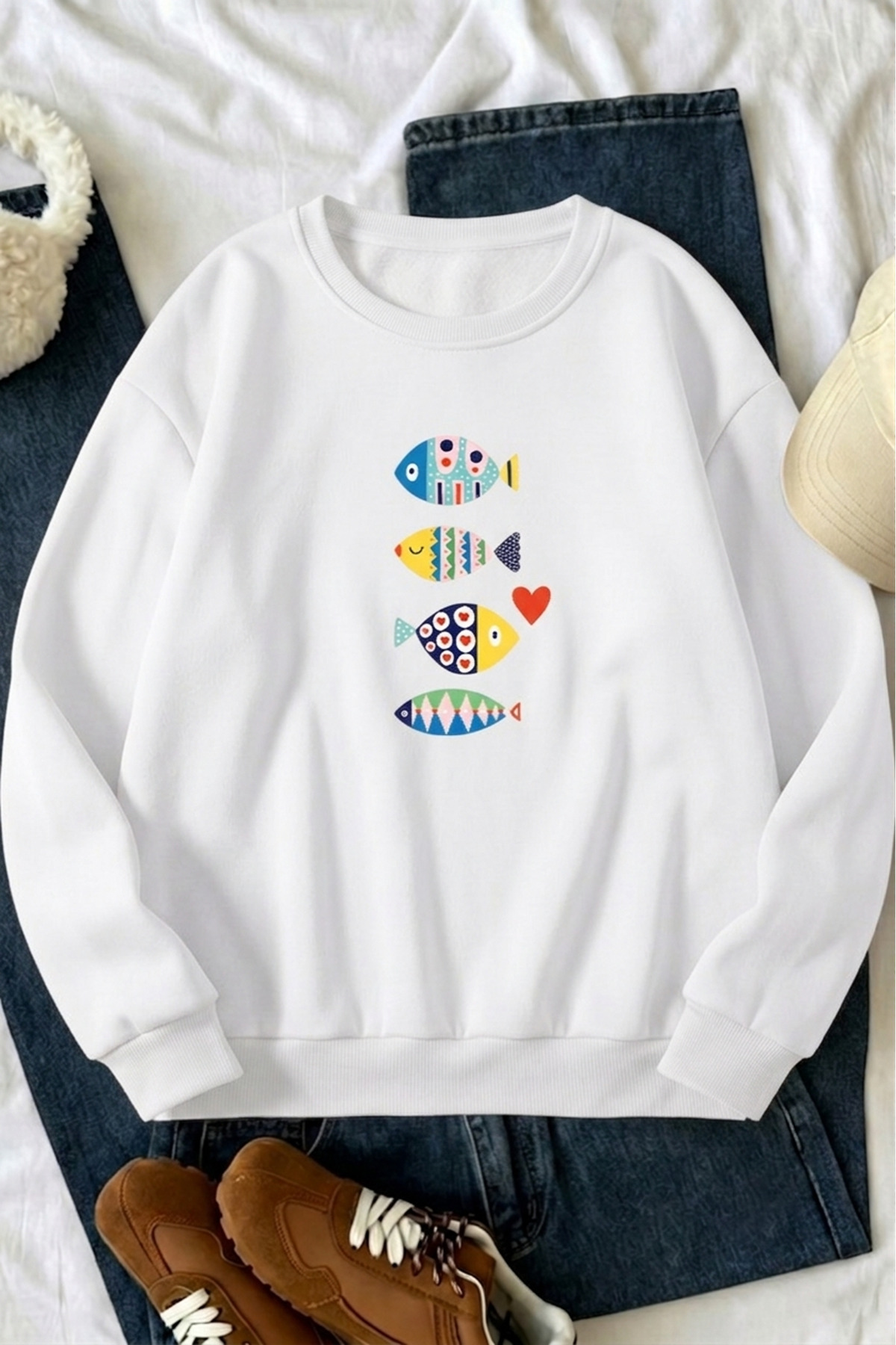 trendypassion Unisex Fish Printed Crew Neck Sweatshirt