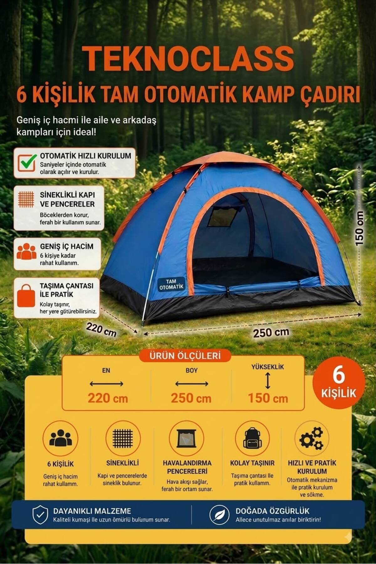 TeknoClass 6 Kişilik Otomatik Kurulumlu Kaliteli Kamp Çadırı 220x250x150 6 Kişilik