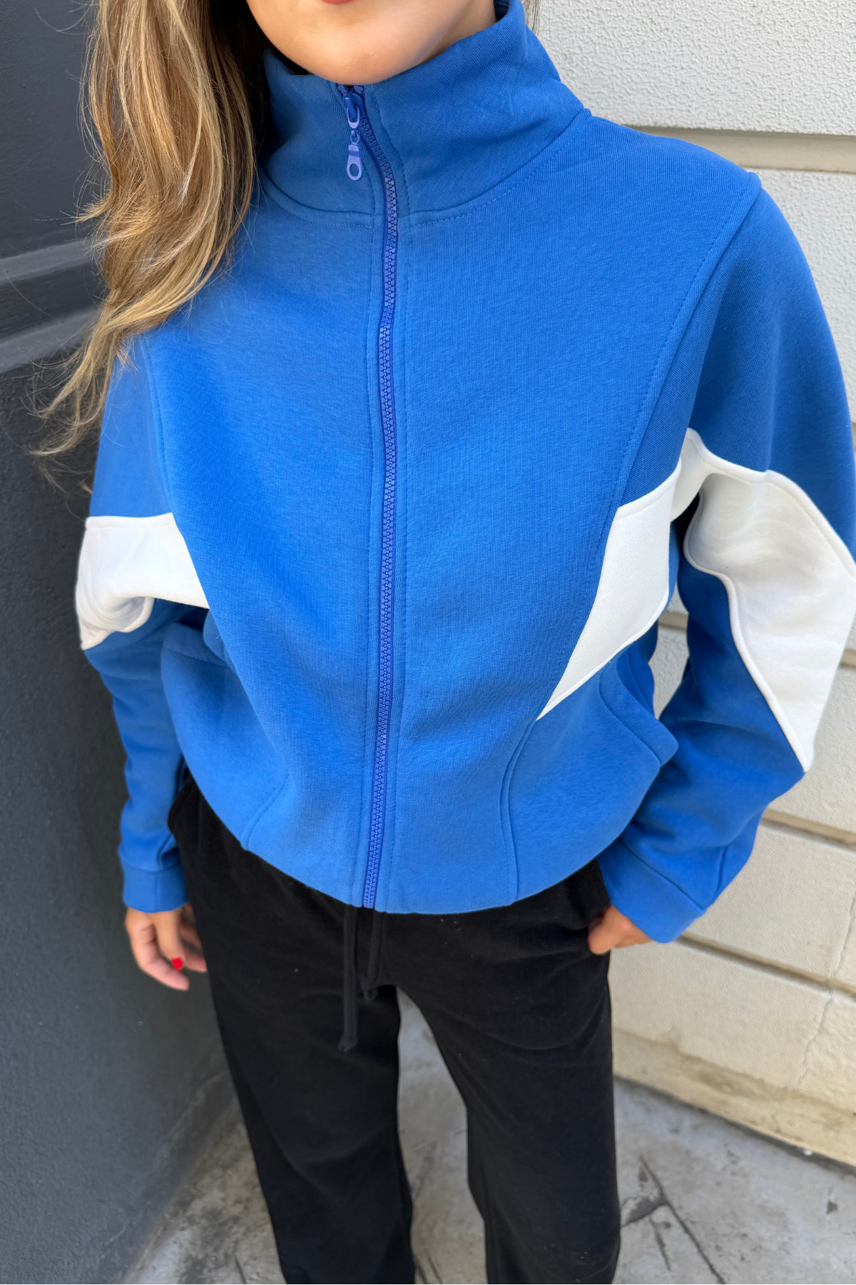 macharel jeans Saks Mavi Dik Yaka Cepli Fermuarlı Sweat Hırka görsel 7
