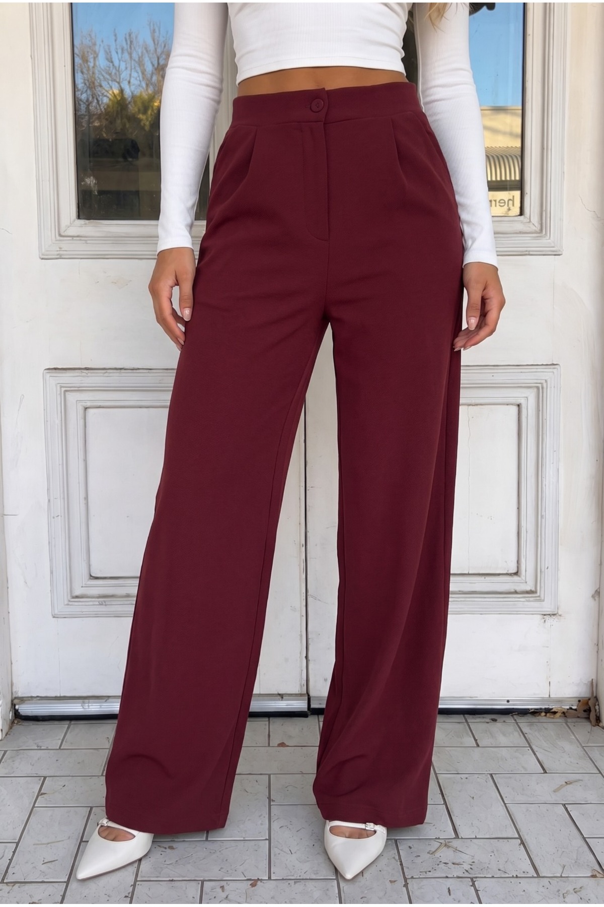 Kadın Bordo Rahat Kesim Bol Paça Likra Pantolon 5