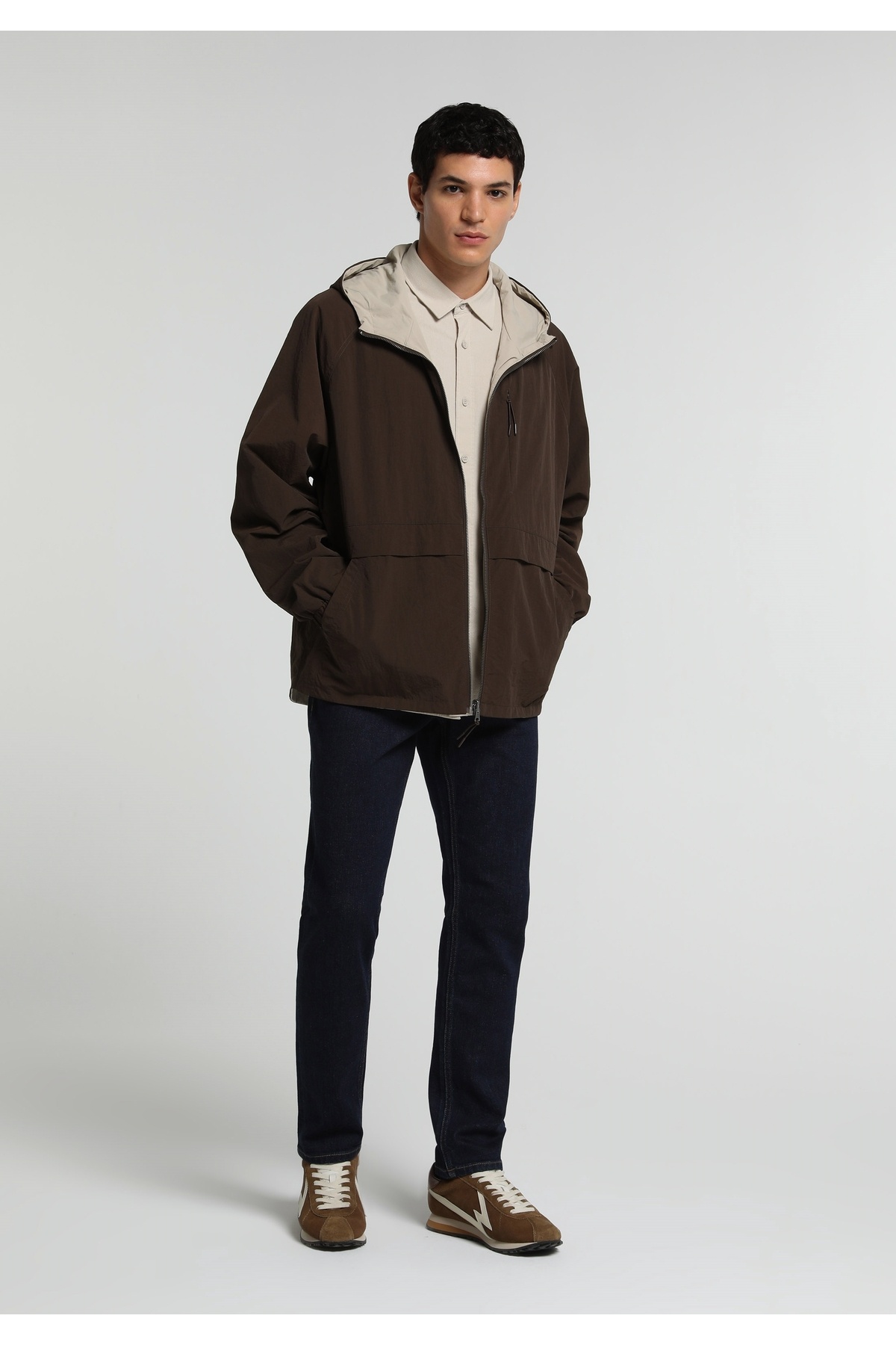 Colin's Loose Fit Düz Astarlı Fermuarlı Erkek Kahverengi Yağmurluk görsel 3
