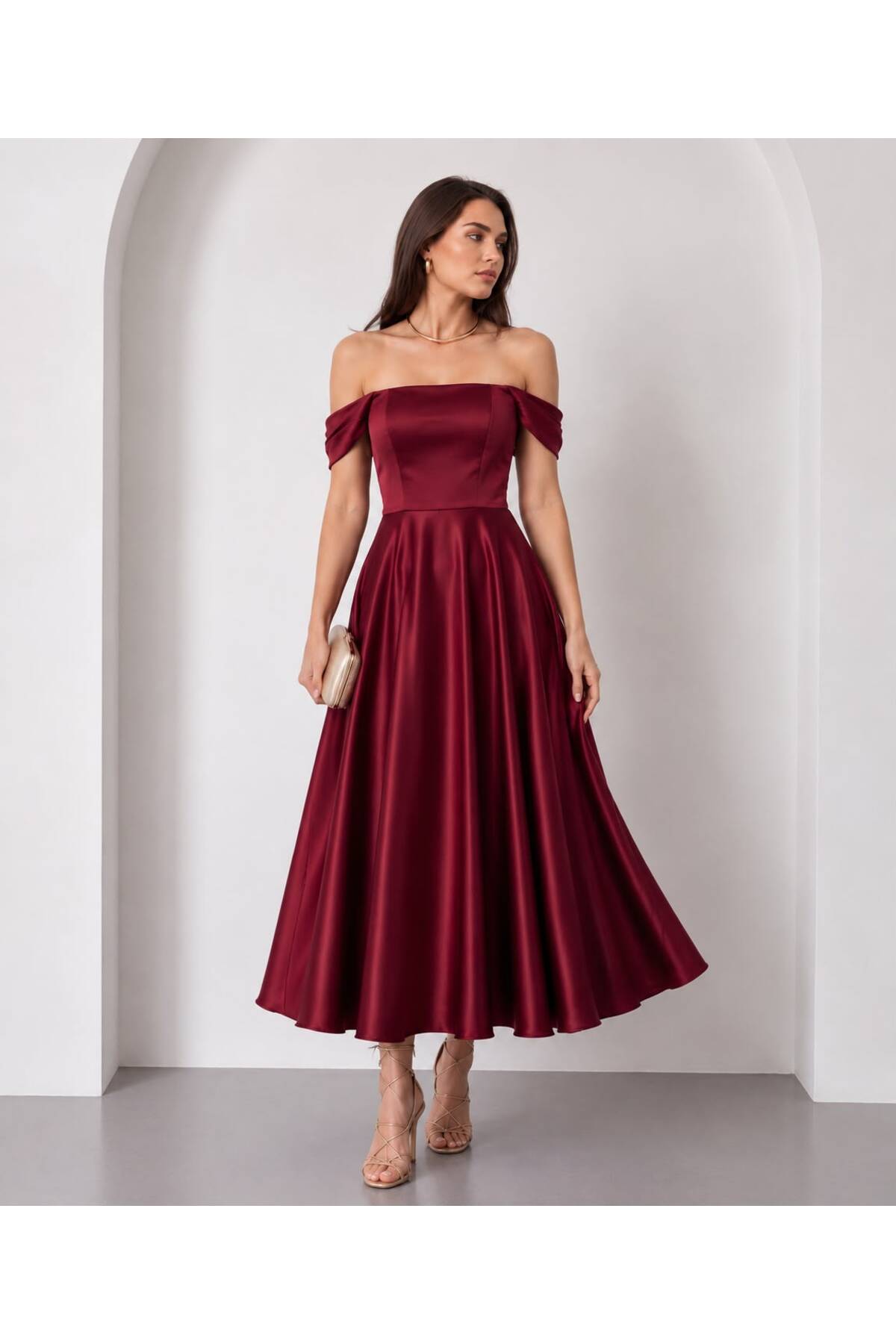 Kayık Yaka Saten Midi Elbise - Bordo