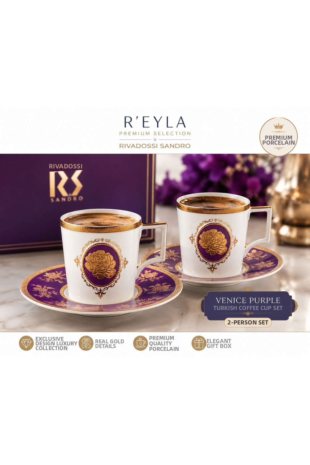 R-EYLA R'Eyla X Rivadossi Sandro Venice Purple 24K Gold Detailed Turkish Coffee Cup Set – for 2 People - with Special Leather Box Gift