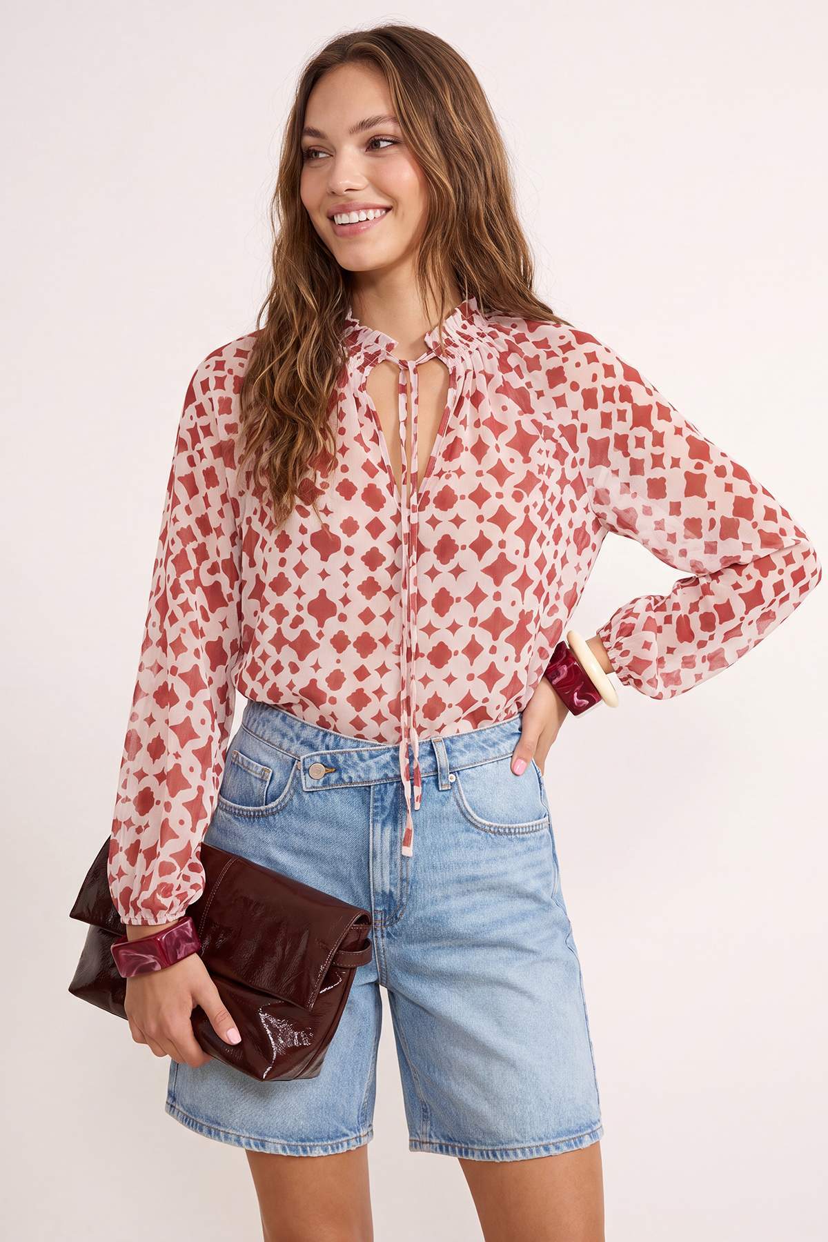 Trendyol Collection Tile Geometric Pattern Collar Gipe Detailed Transparent Chiffon Blouse Twoss26Bz00206