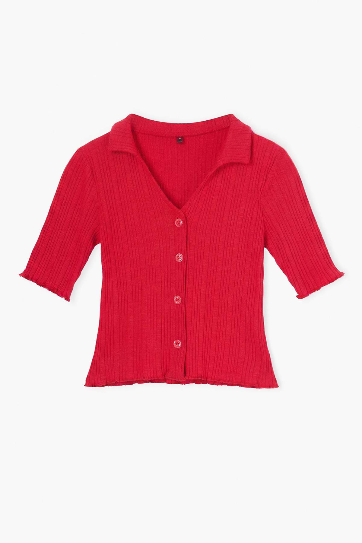 Trendyolmilla Kırmızı Düz Fitted Kaçık Yaka Standart Kol Crop/Kısa Triko görünümlü Örme Bluz TWOAW27BZ00131