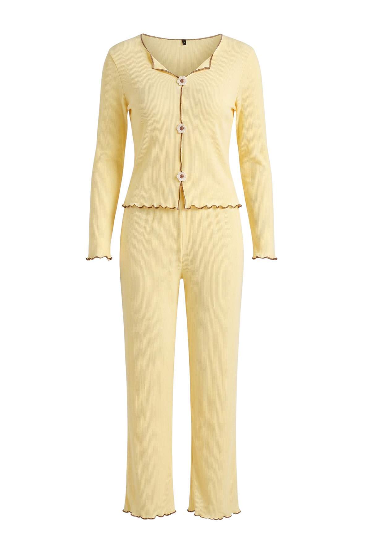 Trendyolmilla Sarı %100 Pamuklu Baby Overloklu Çiçek Aplikeli Pointel/Fitilli Örme Pijama Takımı THMAW27PT00029
