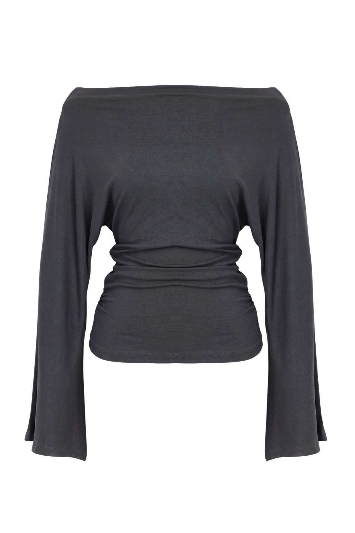 Trendyolmilla Antrasit Düz Fitted Kayık Yaka Yarasa Kol Uzun Regular Viskon Ribana Örme Bluz TWOAW27BZ00165