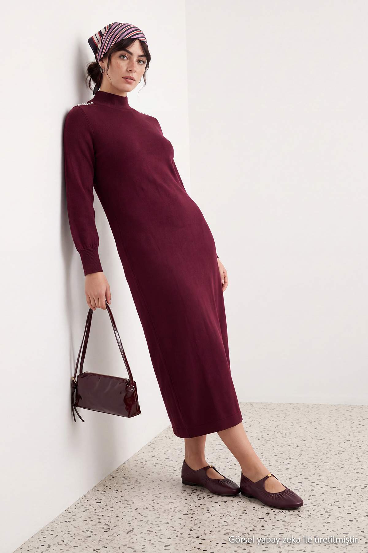 Trendyolmilla Modest Bordo Astarsız Düz Triko Tek Plaka Tesettür Elbise TCTAW26EB00005