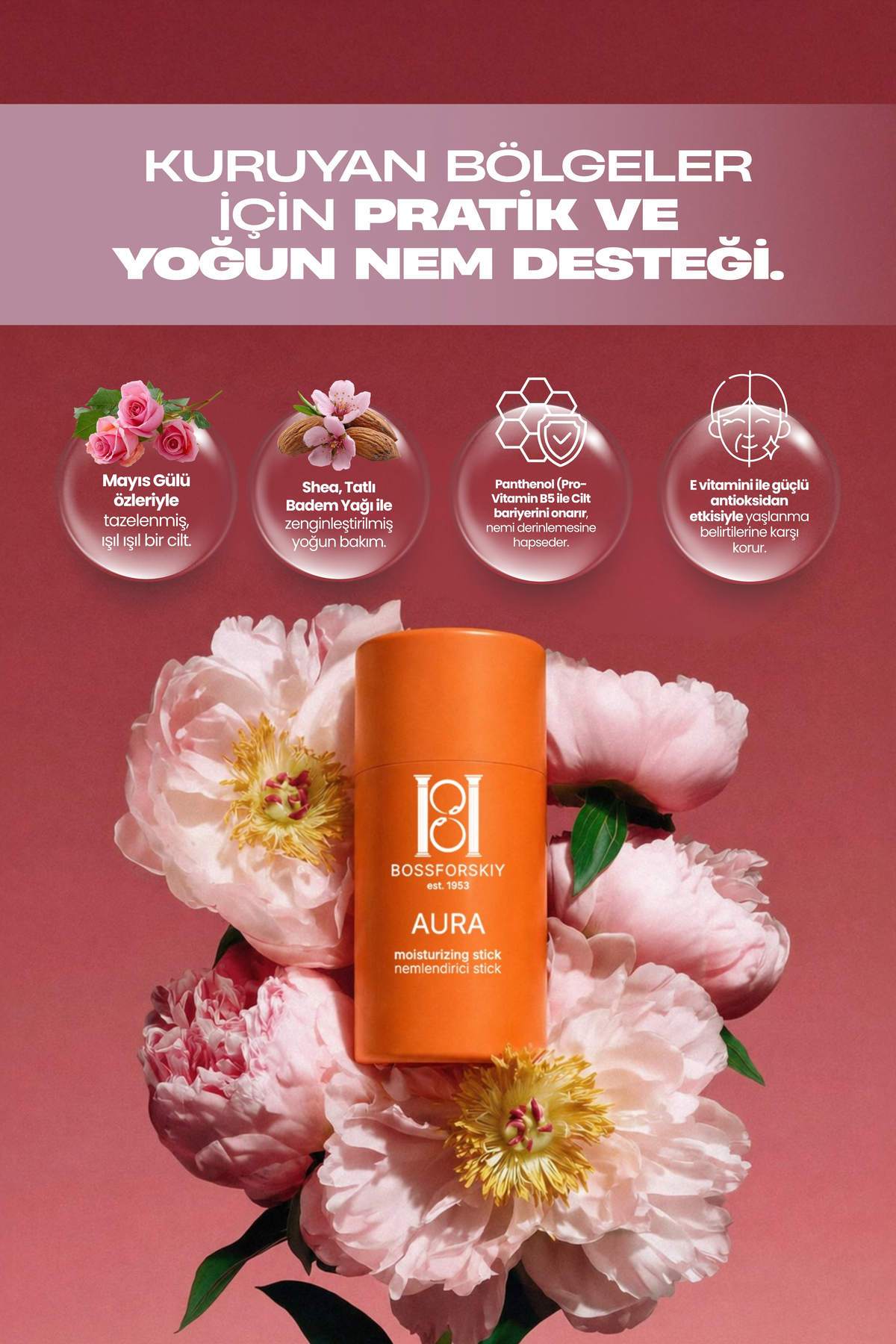 Bossforskiy Aura Yoğun Nemlendirici Bakım Stick – El, Dirsek, Diz, Topuk ve Kuru Bölgeler İçin – Shea Butter, Badem Yağı, B5 & E Vitamini – 30 g — BSF-001
