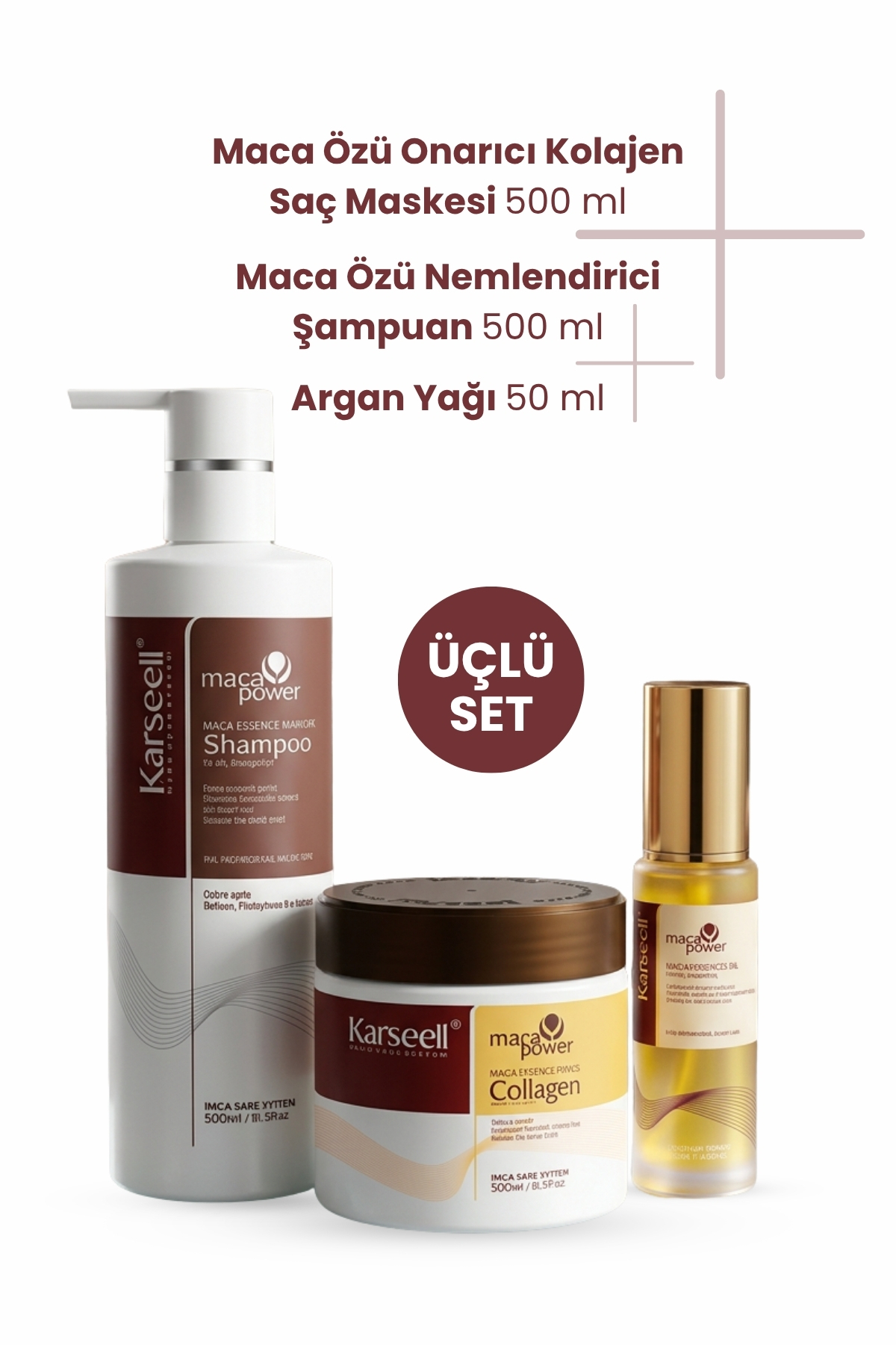 KARSEELL Maca Özlü Saç Maskesi 500 ml Şampuan 500 ml Saç Bakım Yağı 50 ml — C20