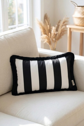 Alseko Concept Siyah Püsküllü, Siyah-Beyaz Şerit Desen, Dekoratif 30x50 cm Di...