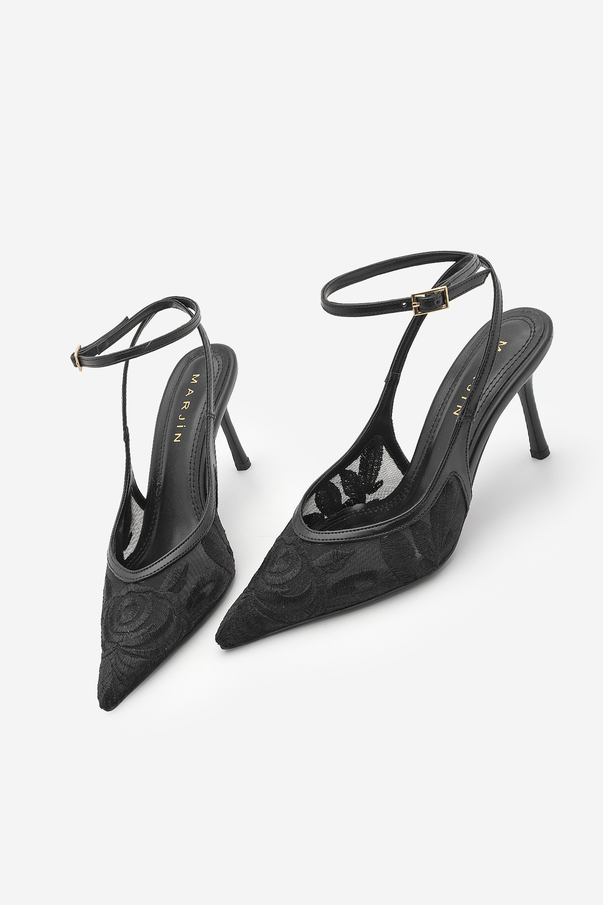 Women's Stiletto Ankle Tie Lace Embroidery Mesh Classic Heeled Shoes Limez Black