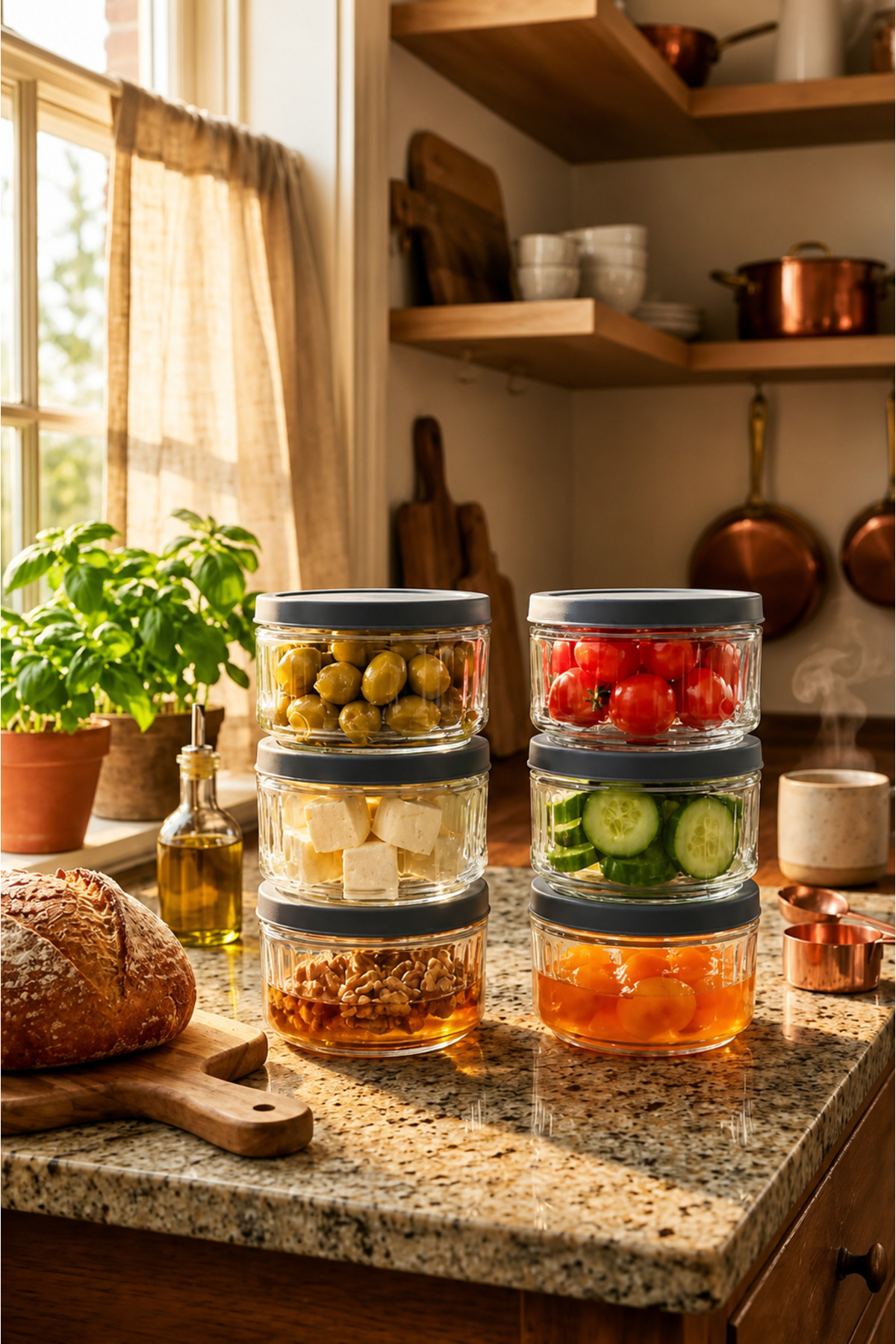 6-piece Glass Breakfast Jar Storage Container Set with Soft Blue Lid, Transparent, Transparent, 425 cc
